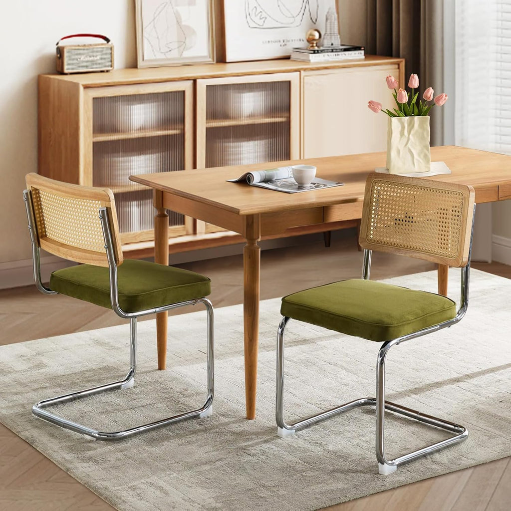 Rattan Dining Chairs Set of 4,Upholstered Mid-Century Modern Dining Room Chairs with Cane Backrest,Retro Velvet Kitchen Chairs with Stainless Chrome Base,Green