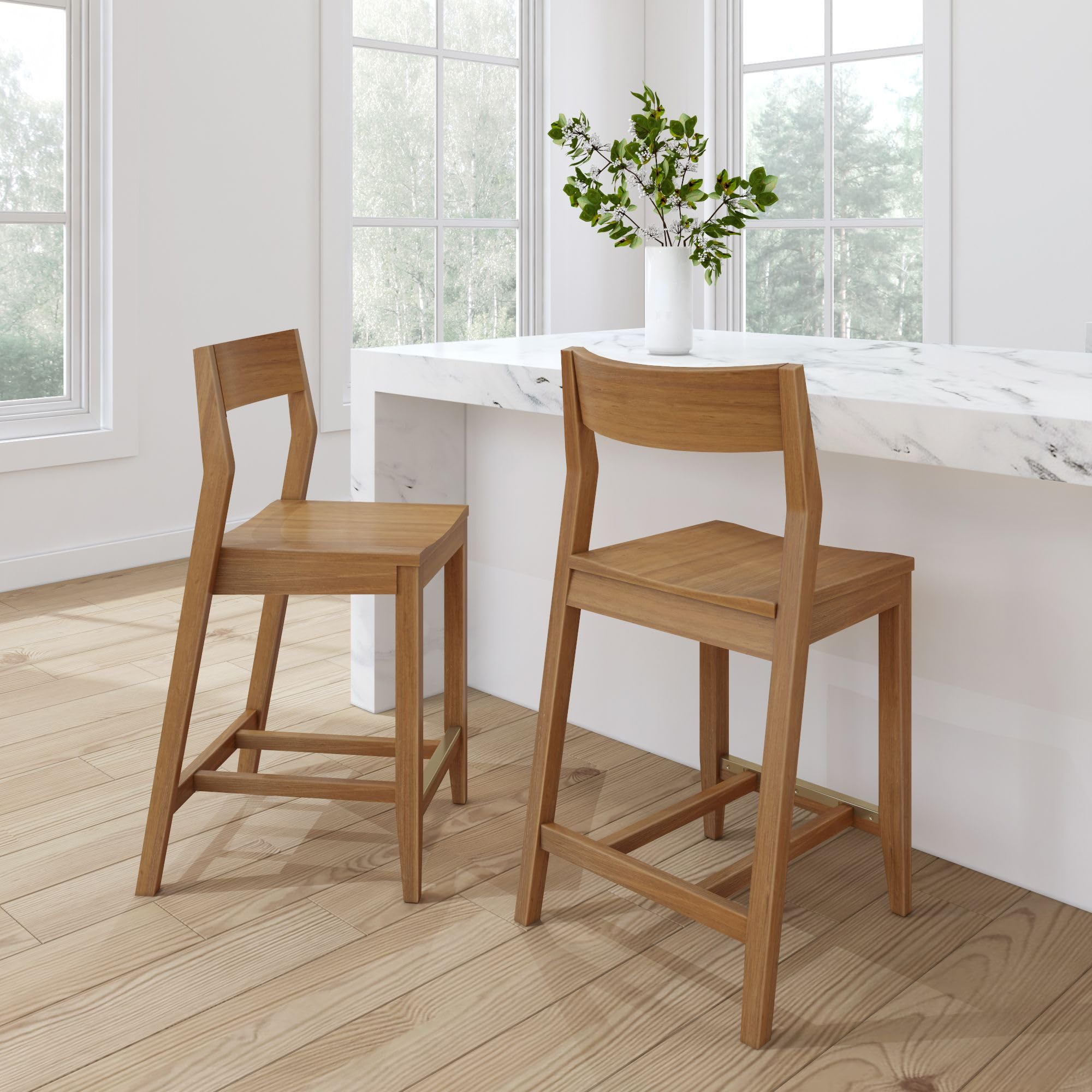 Plank+Beam Modern Bar Height Chairs, 44 Inch, Set of 2 Solid Wood Dining Chairs for Home Bar, Kitchen, Contemporary Seating for Dining Room, Pecan