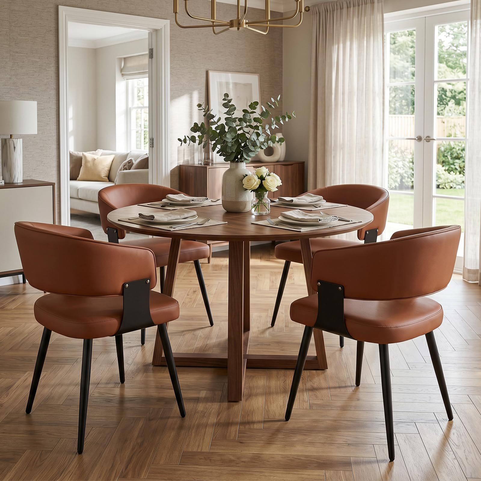 Dining Chairs Set of 4, Modern Upholstered PU Leather Kitchen & Dining Room Chairs with Curved Open Back Metal Legs, Kitchen Chairs for Dining Room Restaurant (Vintage Brown, Set of 4)