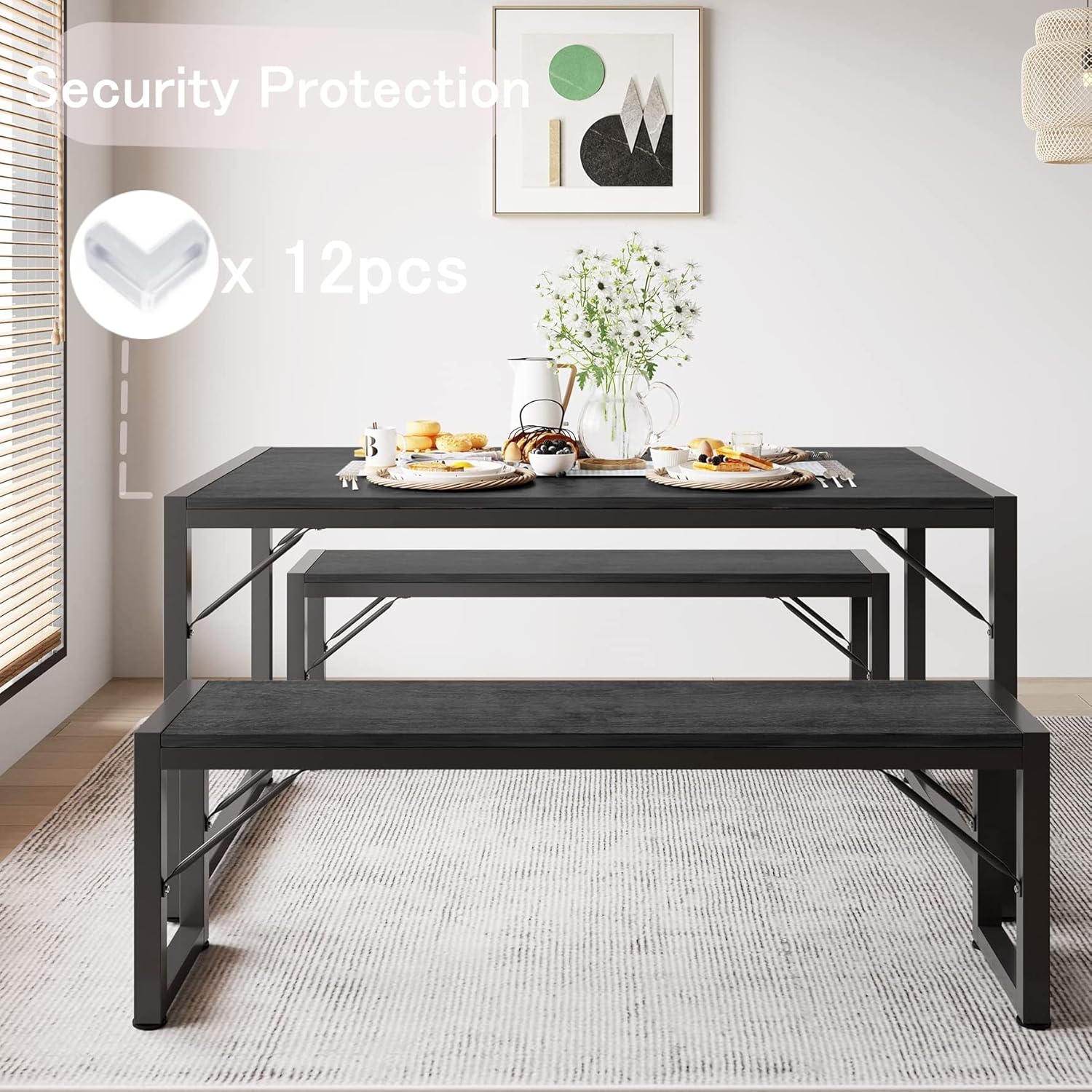 Gizoon 45.5" Dining Table Set for 4 with 2 Benches, Kitchen Table Set with Metal Frame & MDF Board, Space-Saving Dinette for Kitchen, Dining Room -Black