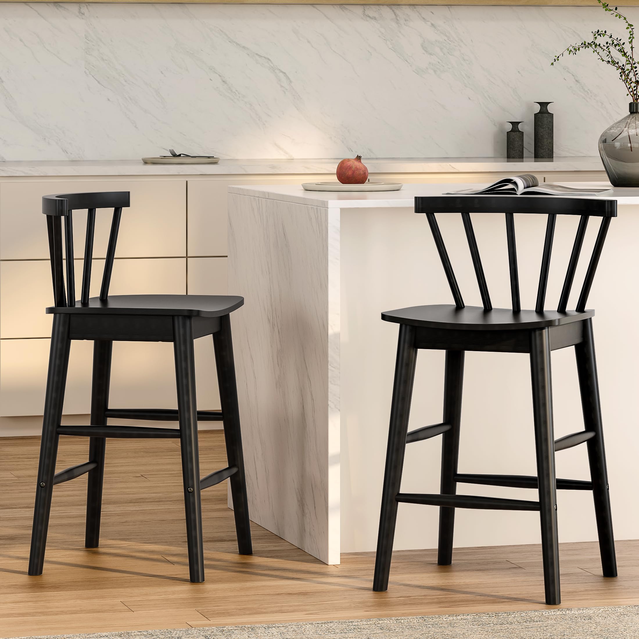EYYTHUNG Wood Bar Stools Set of 3, Farmhouse 24" Barstool Counter Stools with Curved Back Counter Chairs for Kitchen Islands Dining Room, Natural Oak