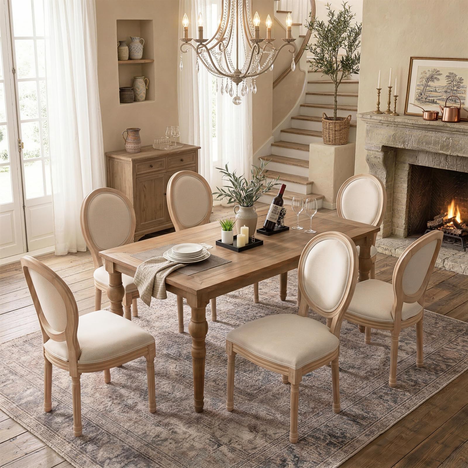 SoarFlash French Dining Chairs Set of 2, Vantage Dining Chair with Round Back, Wood Leg Farmhouse Country Rattan Dining Chair for Kitchen,Bedroom,Beige