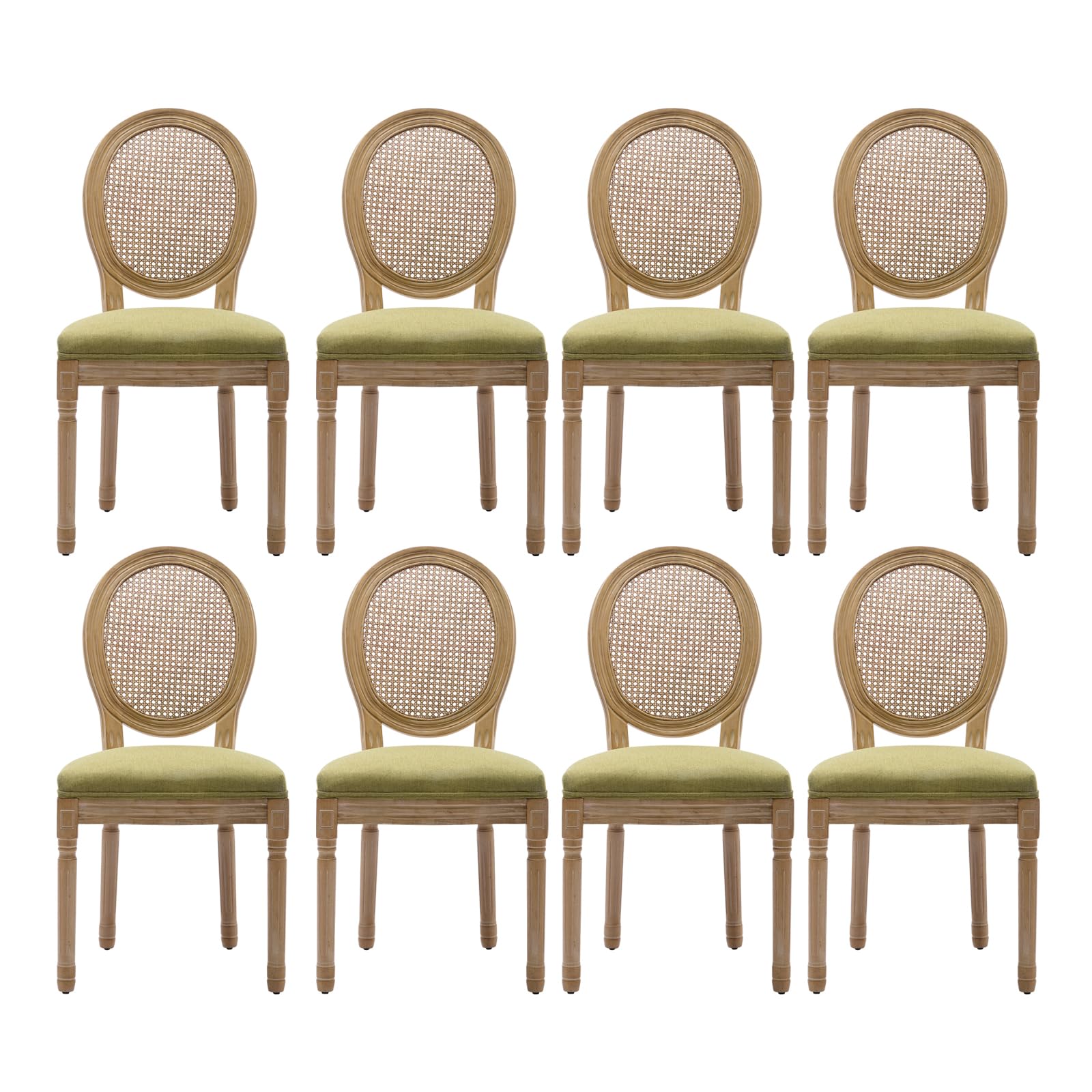 French Country Dining Chairs Set of 4，Fabric Upholstered Dining Chair with Round Back and Solid Leg, Rattan Kitchen Chairs for Dining Room, Living Room, Kitchen, Olive Green