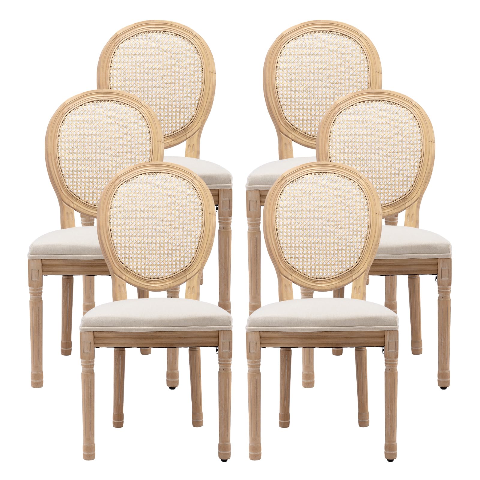 French Country Dining Chairs Set of 4，Fabric Upholstered Dining Chair with Round Back and Solid Leg, Rattan Kitchen Chairs for Dining Room, Living Room, Kitchen, Olive Green