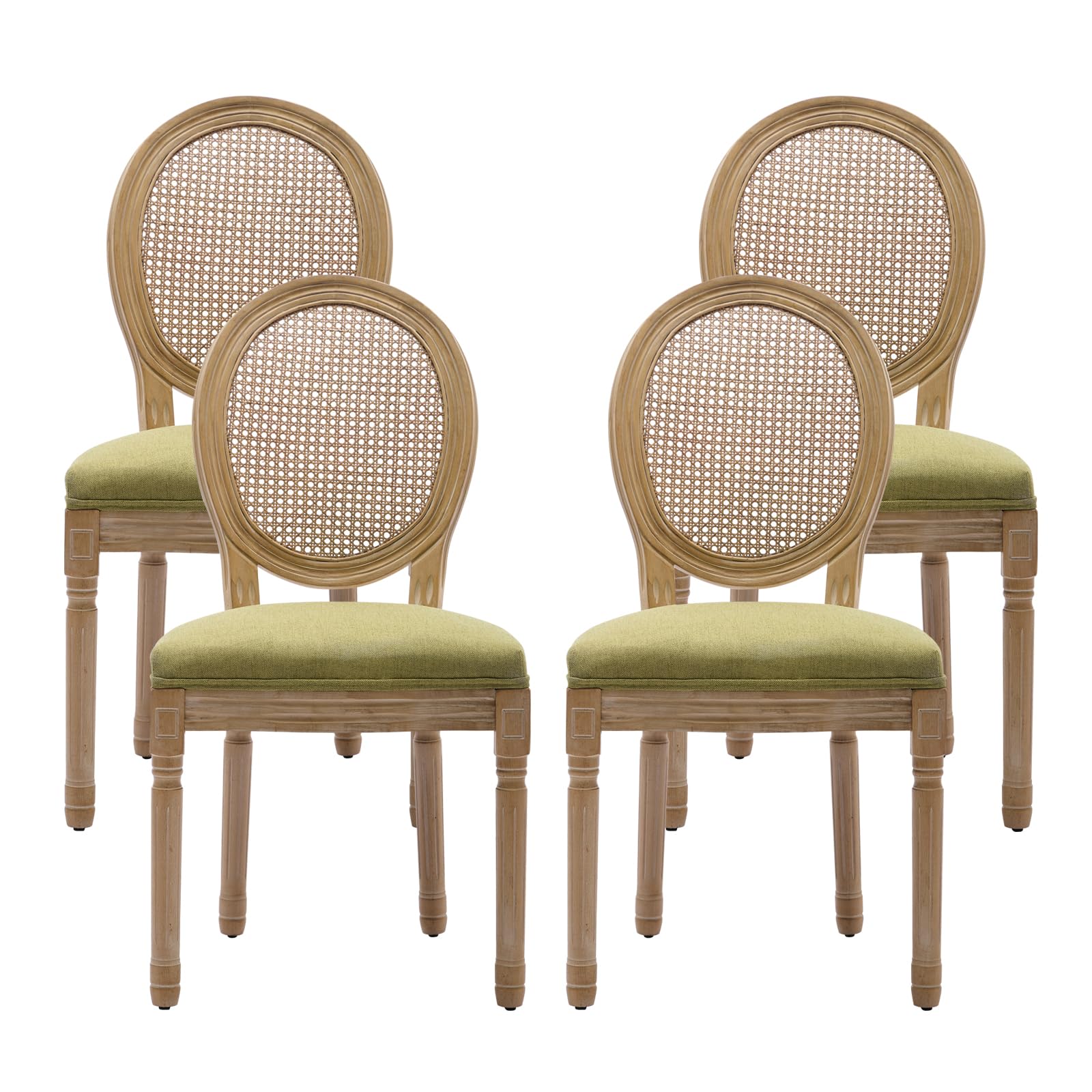 French Country Dining Chairs Set of 4，Fabric Upholstered Dining Chair with Round Back and Solid Leg, Rattan Kitchen Chairs for Dining Room, Living Room, Kitchen, Olive Green