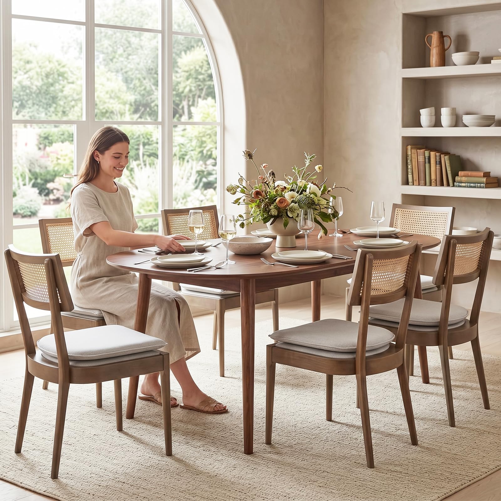 Hyfirm Rattan Dining Chairs Set of 2, Cane Back Wooden Kitchen Chairs with Bamboo Wicker Seat Mid Century Modern Side Chairs with Arms, Walnut