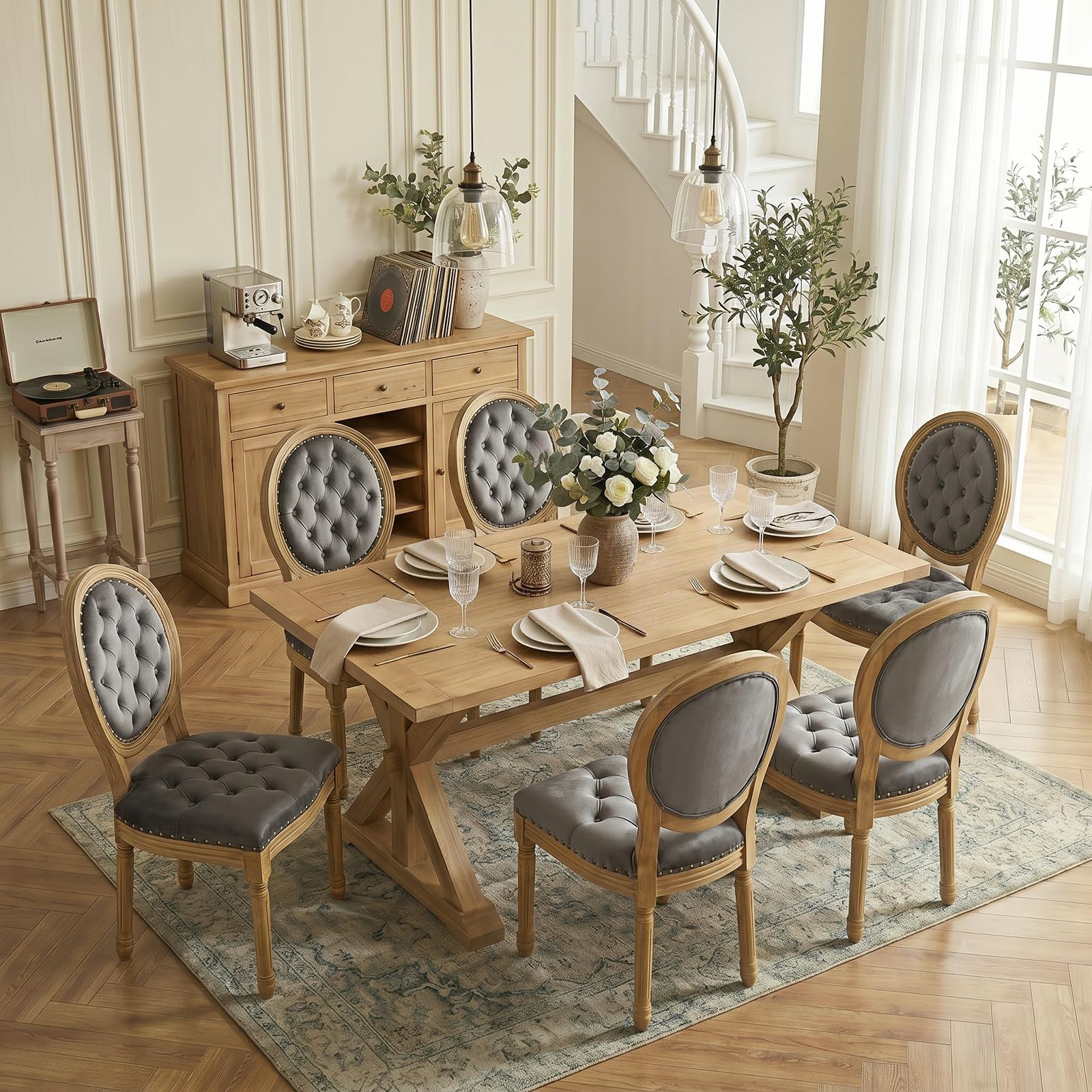 SoarFlash French Dining Chairs Set of 2, Vantage Dining Chair with Round Back, Wood Leg Farmhouse Country Rattan Dining Chair for Kitchen,Bedroom,Beige