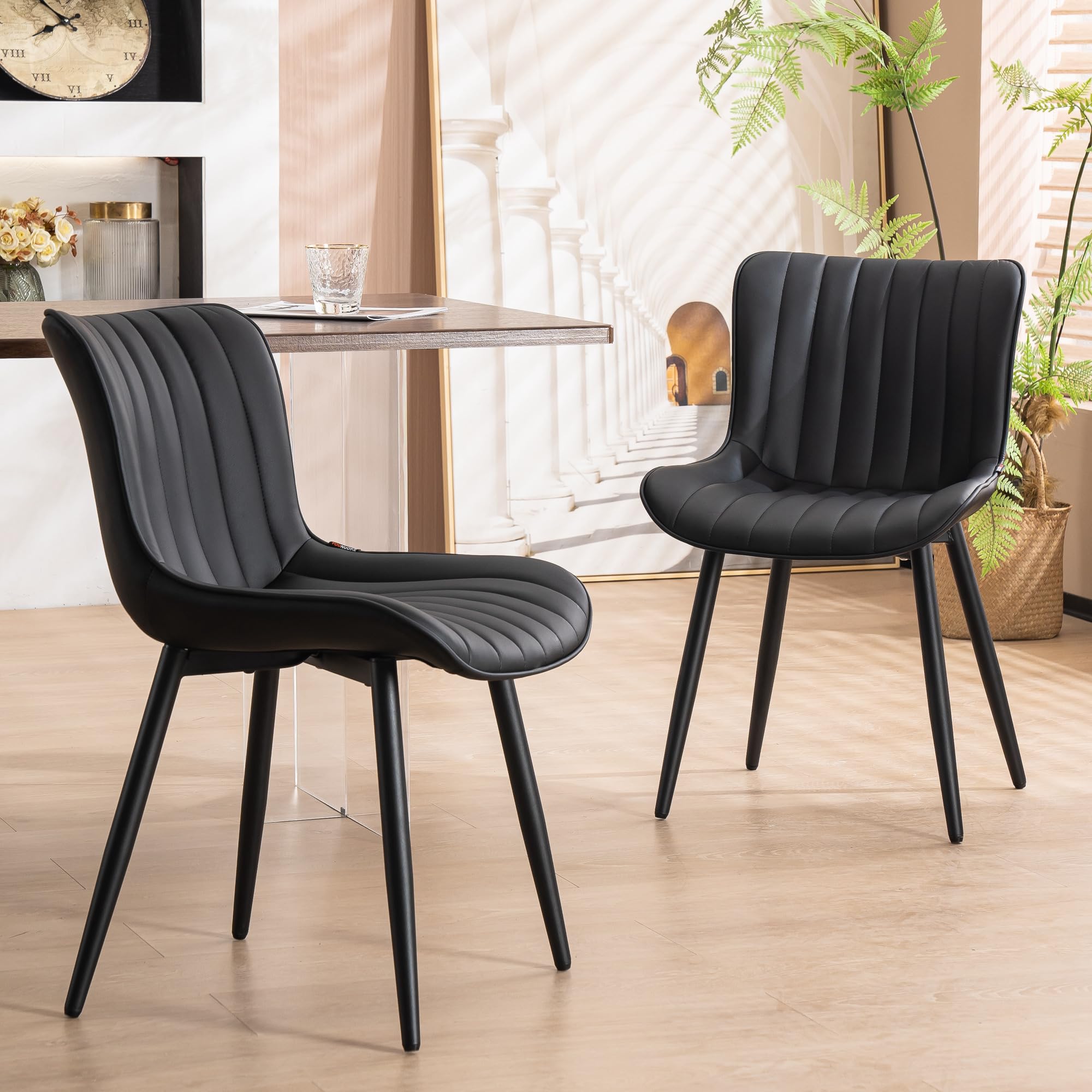 YOUNUOKE Mid-Century Modern Dining Chairs Set of 2, Blue PU Leather Upholstered Kitchen Chairs with Black Metal Legs, Armless Accent Chair for Dining Room, Guest Reception Room