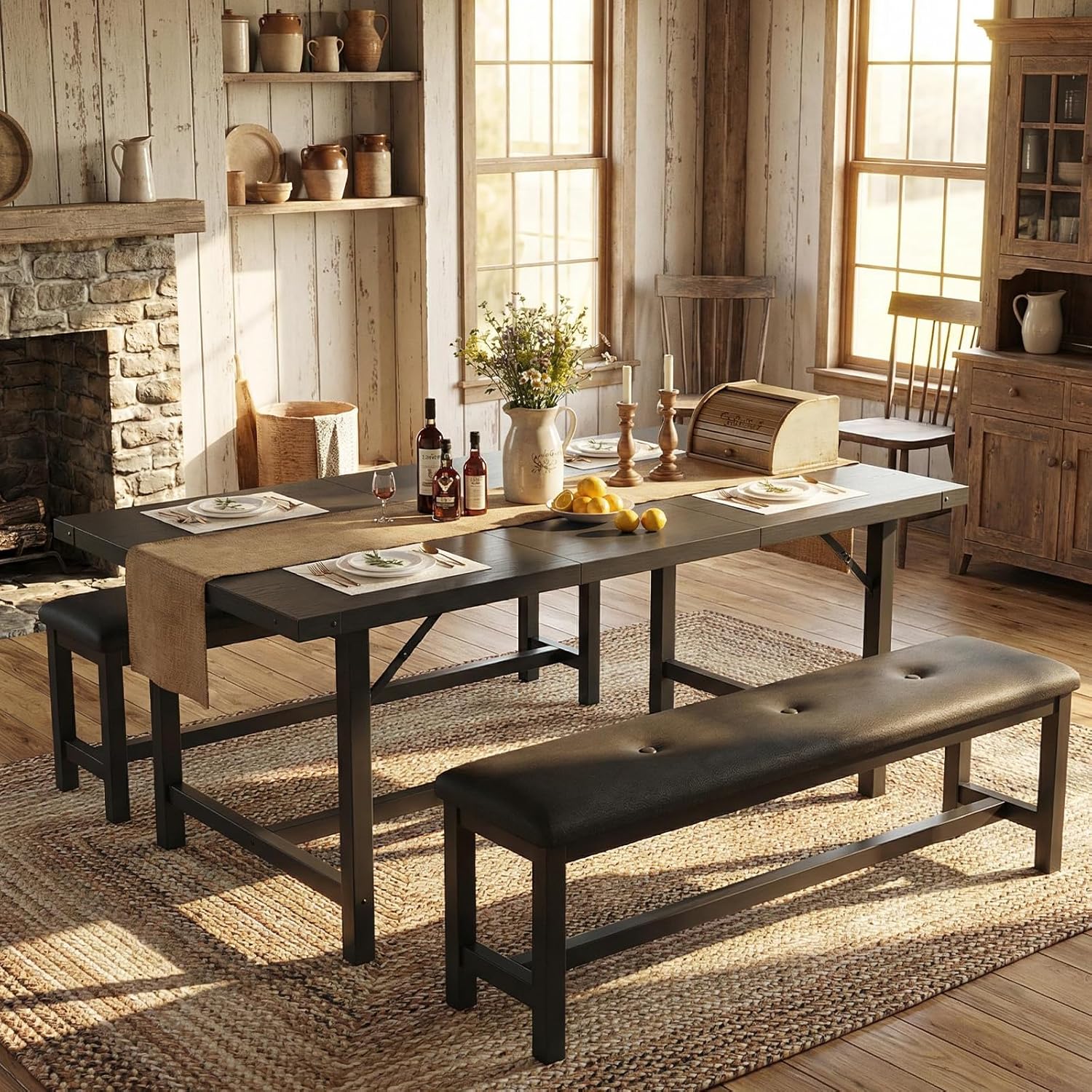 5PC Extendable Dining Set, Table & 2 Benches, Retro Black