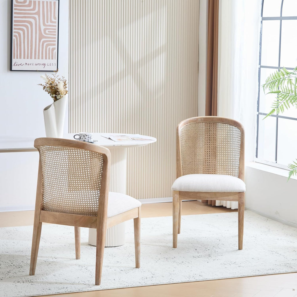 Beige Upholstered Dining Chairs 2 Pack, Rubberwood & Cane Design