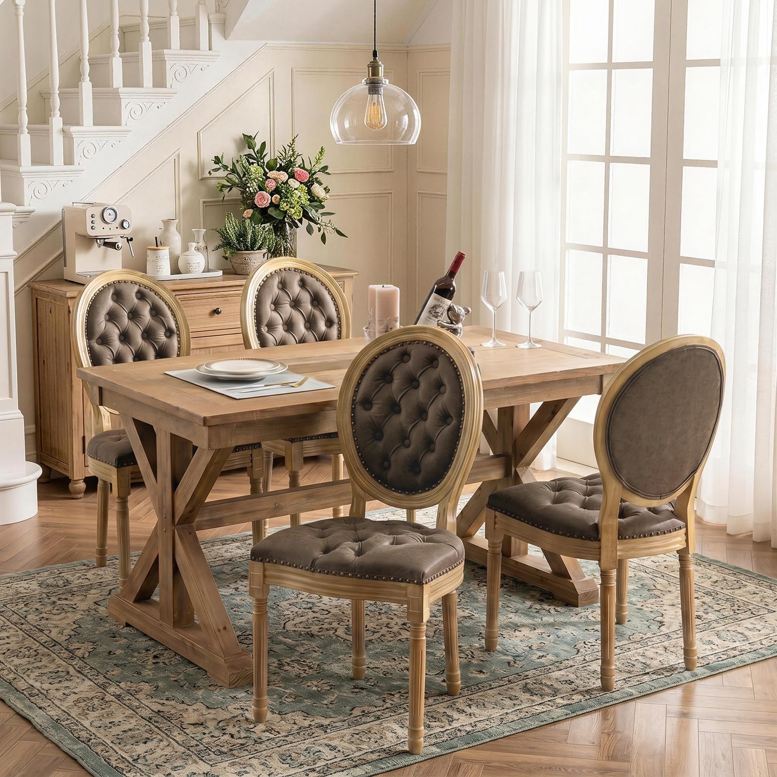 SoarFlash French Dining Chairs Set of 2, Vantage Dining Chair with Round Back, Wood Leg Farmhouse Country Rattan Dining Chair for Kitchen,Bedroom,Beige