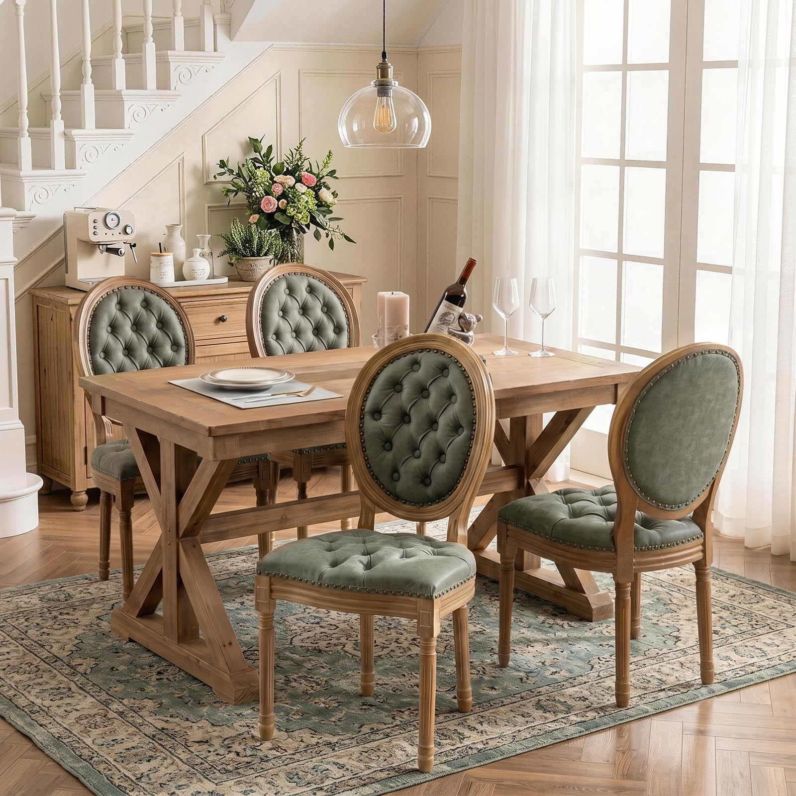 SoarFlash French Dining Chairs Set of 2, Vantage Dining Chair with Round Back, Wood Leg Farmhouse Country Rattan Dining Chair for Kitchen,Bedroom,Beige