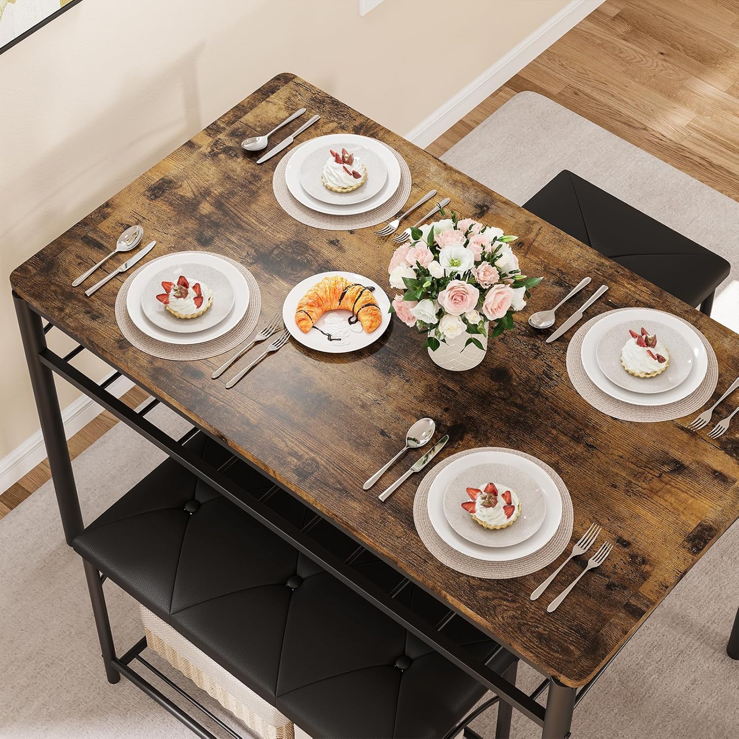 Garvee Dining Table Set for 4, Kitchen Table with Upholstered Bench and 2 Stools, 4 Pieces Kitchen Table Set with Storage Rack & Metal Frame for Small Space, Kitchen Table and Chairs Set for Apartment