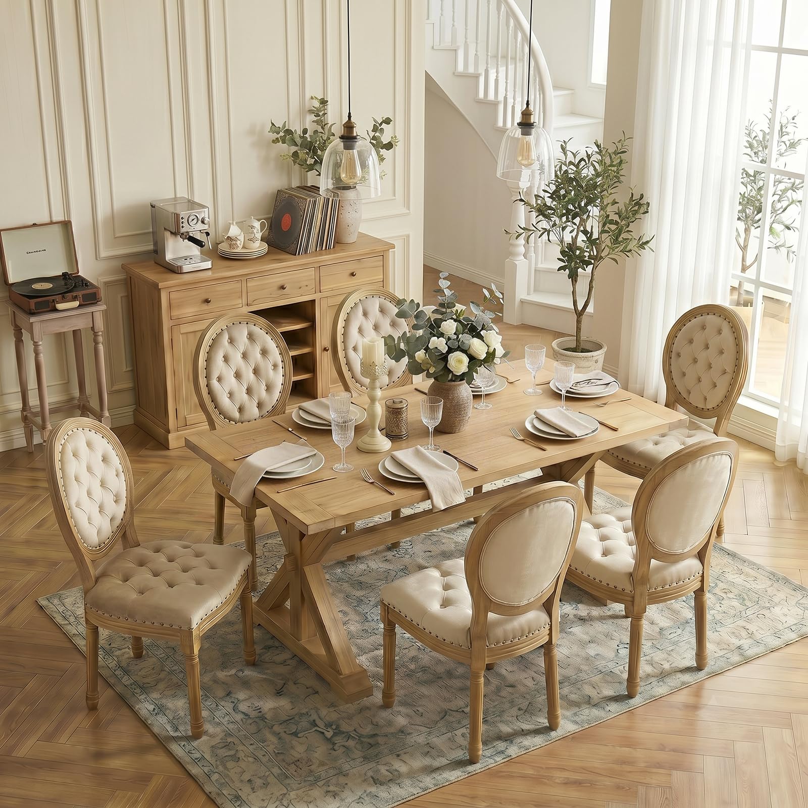 SoarFlash French Dining Chairs Set of 2, Vantage Dining Chair with Round Back, Wood Leg Farmhouse Country Rattan Dining Chair for Kitchen,Bedroom,Beige