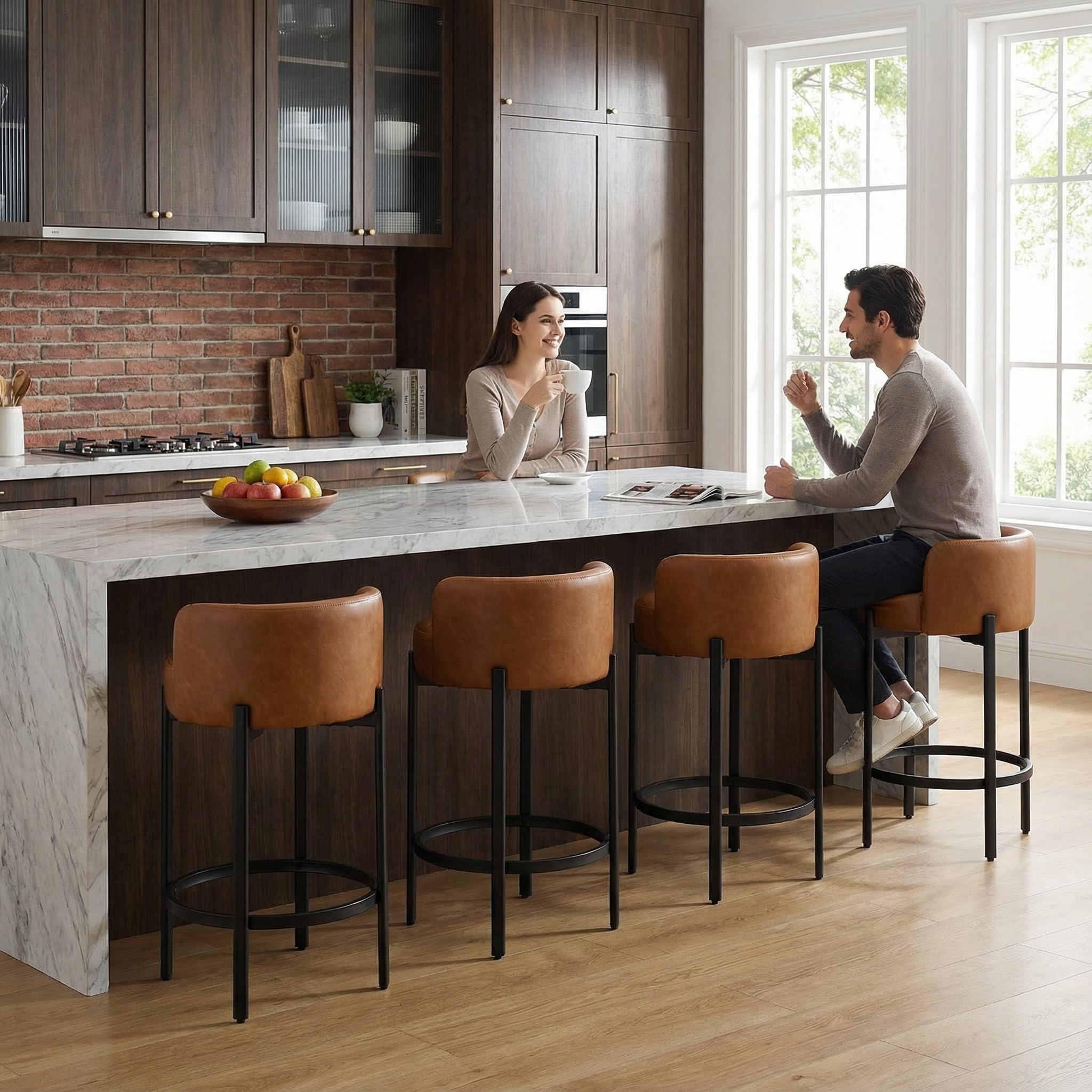 LukeAlon Mid Century Linen Counter Stools Set of 4, Upholstered 26.5” Seat Height Low Barstools with Natural Wood Legs Round Low Back Kitchen Stools with Footrest for Dining Room, Beige
