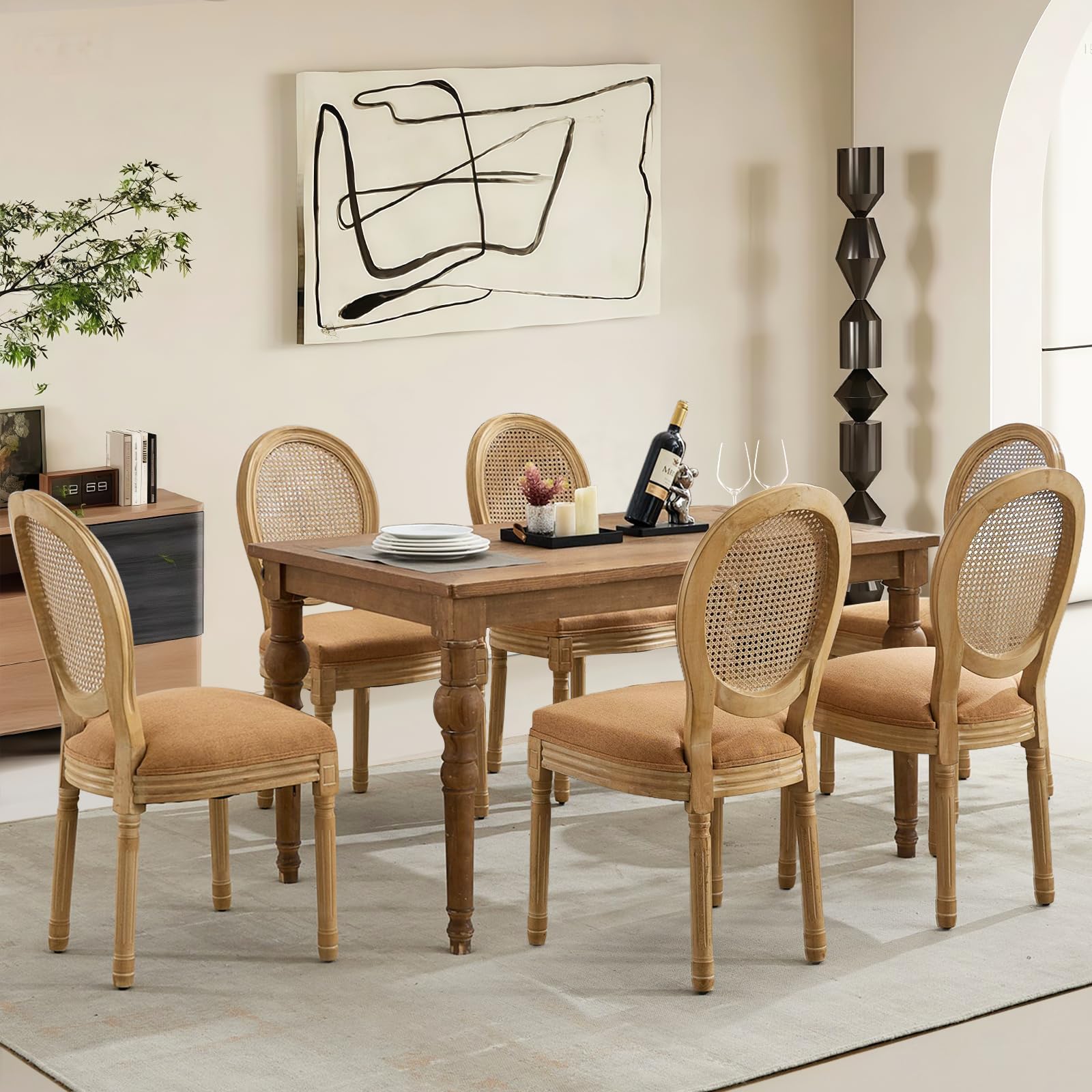 Rattan Back Upholstered Dining Chairs Set of 4 French Country Oval Kitchen Side Chairs with Wood Legs for Dining Room, Kitchen, Restaurant(Beige-Rattan)