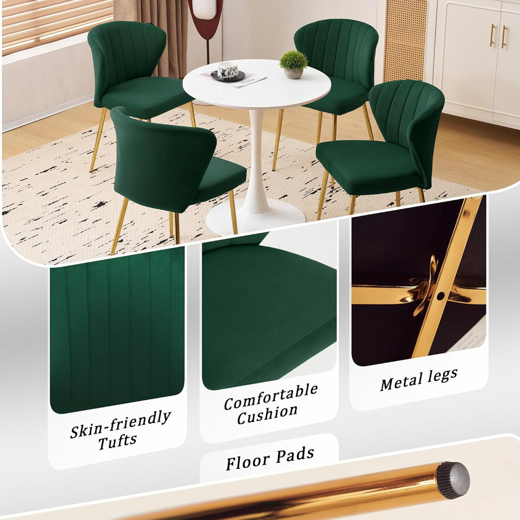 Velvet Dining Chairs Set of 2, Modern Upholstered Vanity Chairs with Golden Metal Legs for Dining Room Kitchen Vanity Patio (Green)