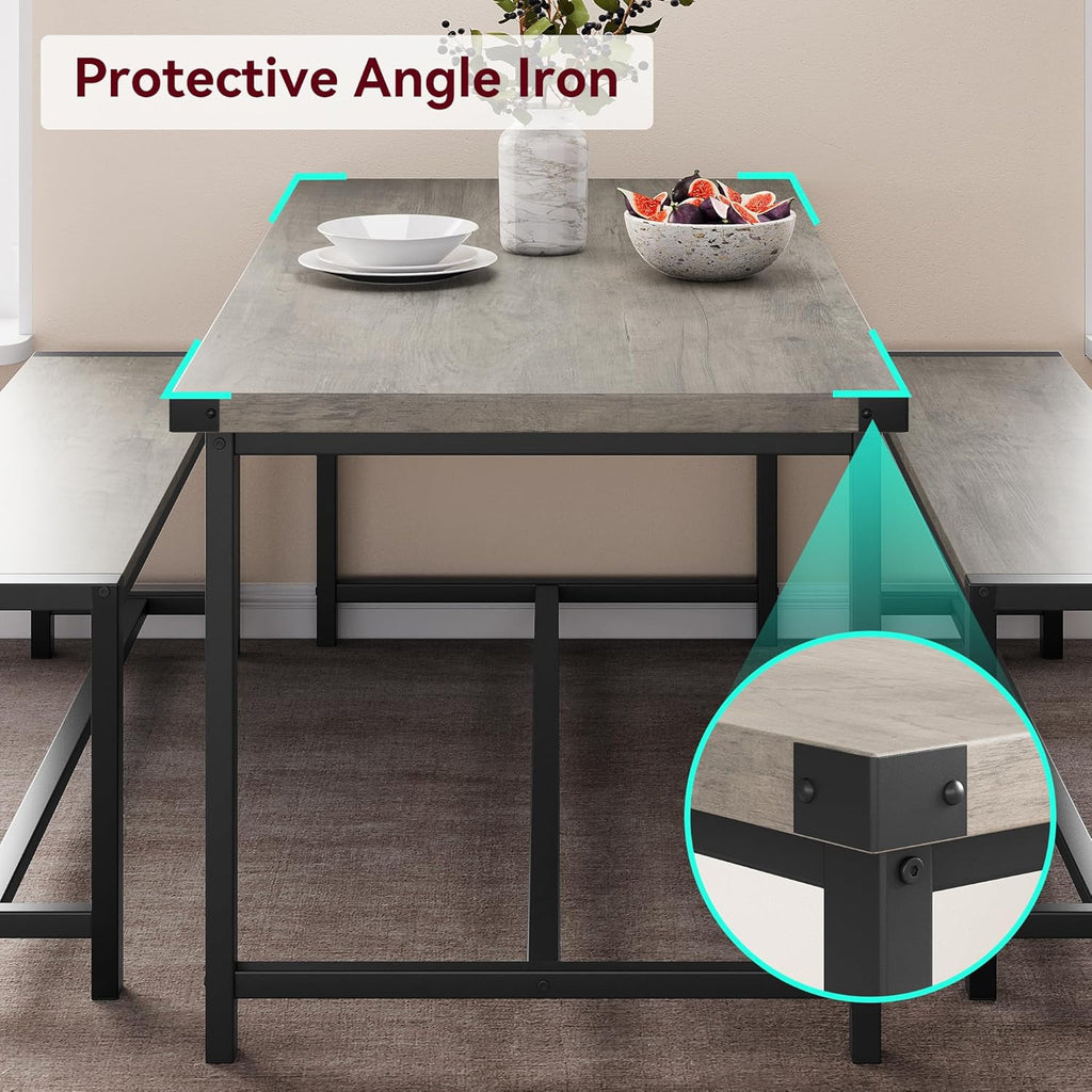 IDEALHOUSE Dining Table Set for 4, Kitchen Table with Benches, Rectangular Dining Room Table Set with 2 Metal Wood Benches, 3 Piece Dining Table Set for Small Space, Apartment, Dinette, Retro Gray