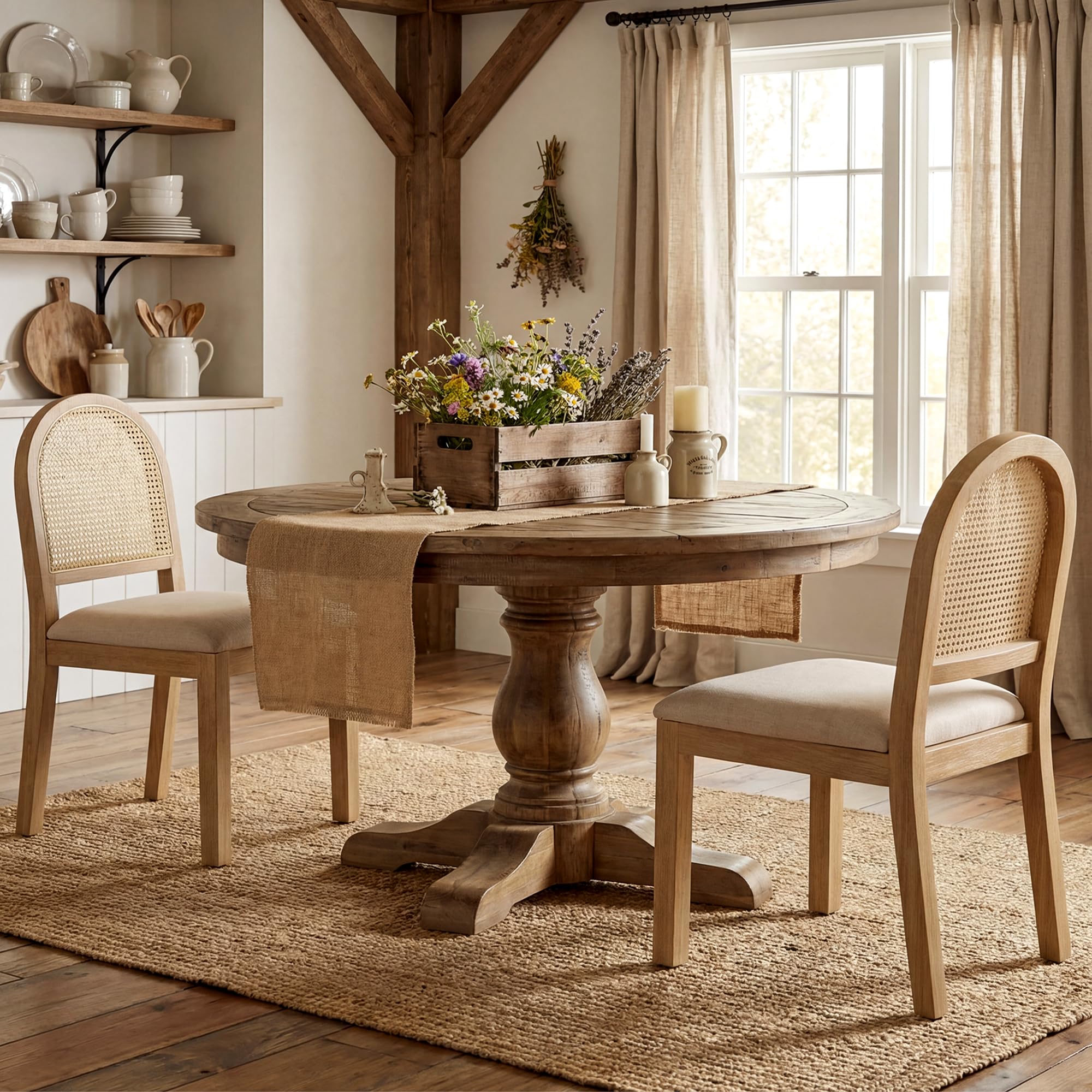 STHOUYN Upholstered Rattan Dining Chairs Set of 4, Farmhouse Solid Wood Dining Room Chair with Natural Rattan Woven Back and Chenille Seat, Mid-Century Modern Wooden Kitchen Chairs (4, Cream White)