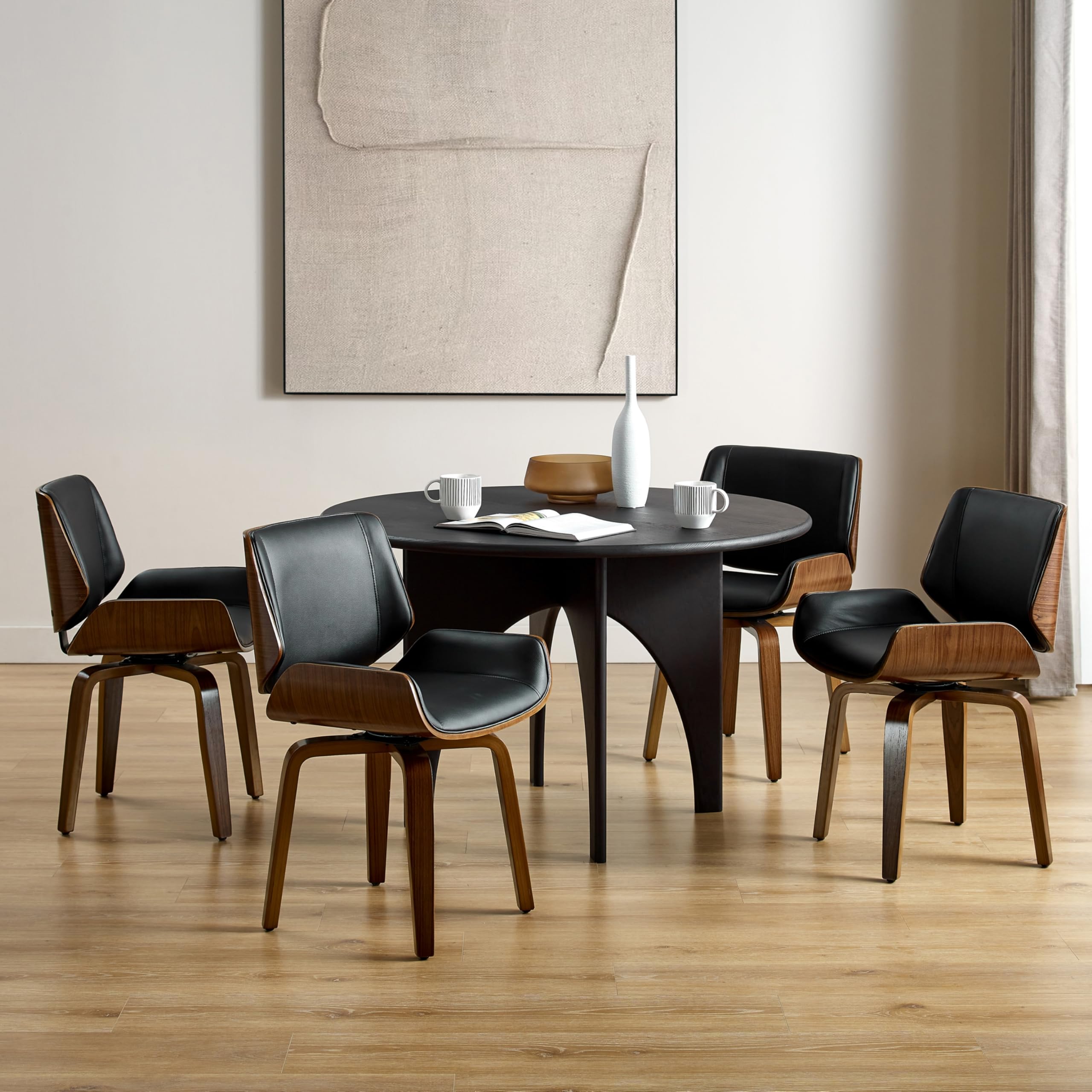 Zouron Swivel Dining Chairs, Mid Century Modern Desk Chairs Retro Faux Leather Chair with Wooden Legs, Kitchen Dining Room Chair with Upholstered Seat, 1 Pcs, Orange Brown
