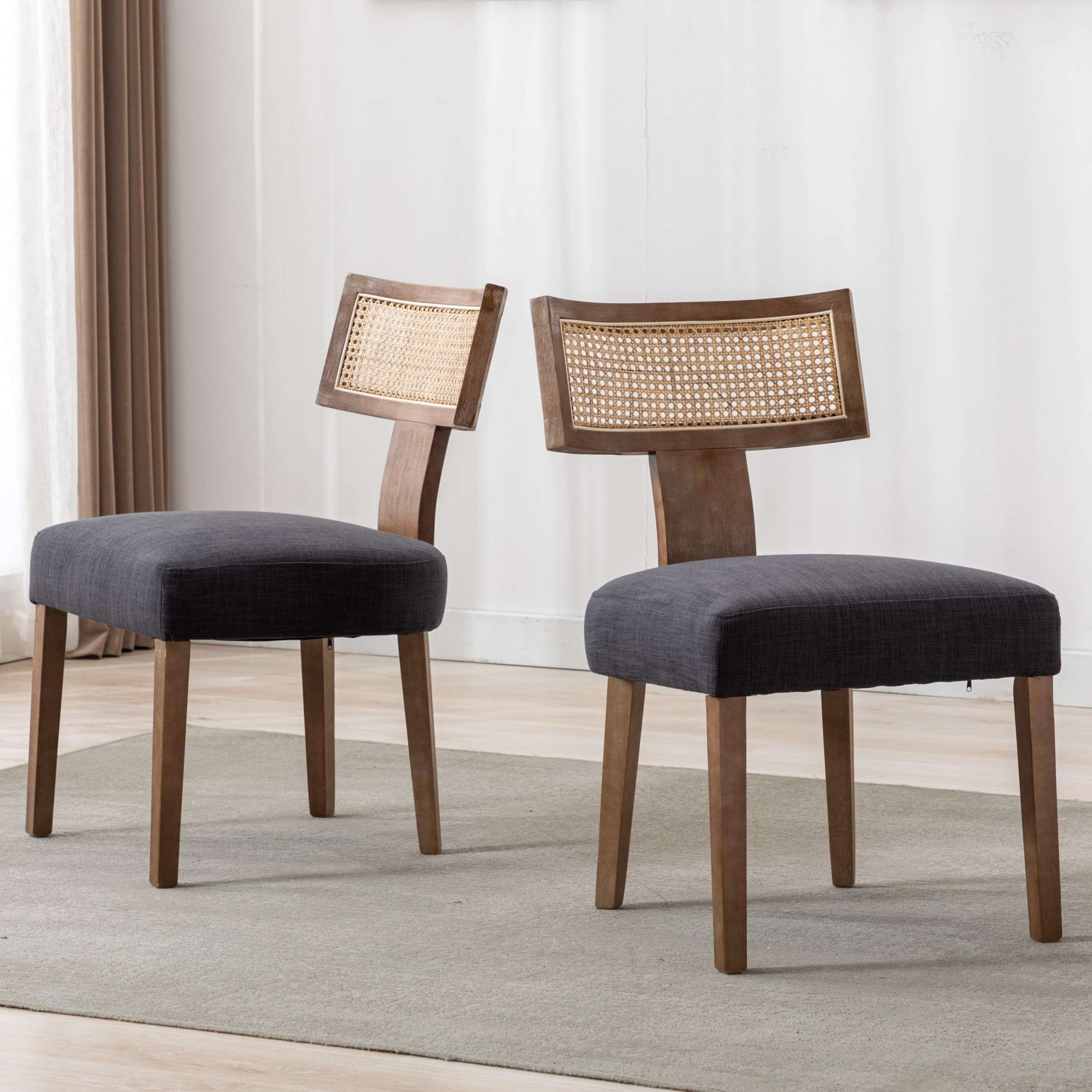 RIVOVA Rattan Dining Chairs Set of 4, Mid Century Modern Dining Chair Upholstered Linen Fabric Kitchen Side Chair, Modern Kitchen Armless Solid Wood Dining Chairs, Beige