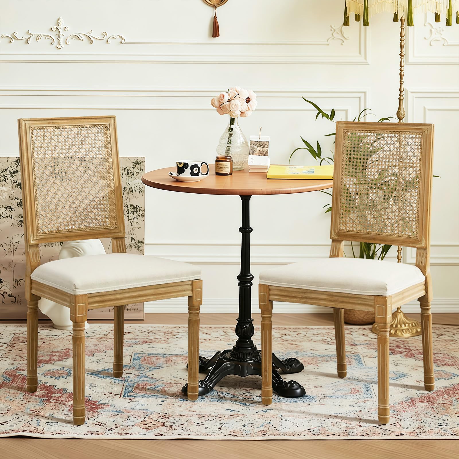Rattan Back Upholstered Dining Chairs Set of 4 French Country Oval Kitchen Side Chairs with Wood Legs for Dining Room, Kitchen, Restaurant(Beige-Rattan)