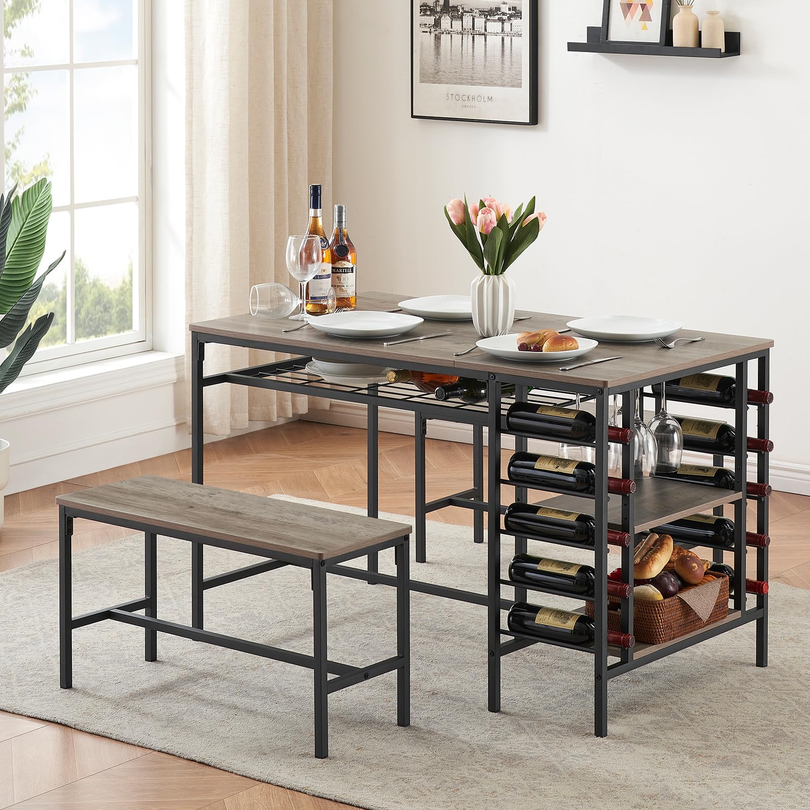 Garvee Dining Table Set for 4, Kitchen Table Set for 4 with 2 Benches, 3 Piece Dining Room Table Set for Small Space Apartment, Retro Brown