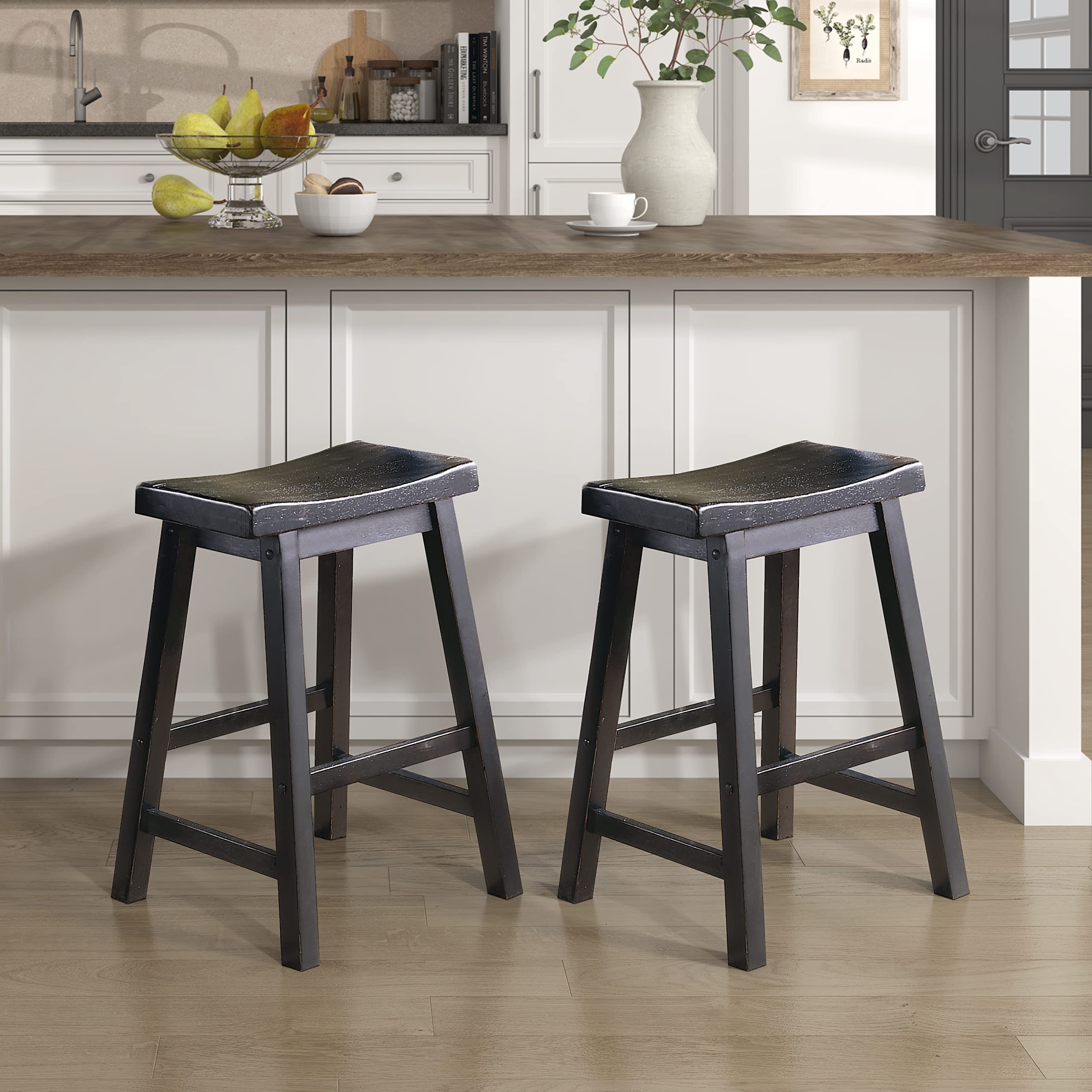 Lexicon Finnian Saddle Solid Wood Stool Set of 2 - Saddle Kitchen Stool Dining Height Stools for Dining, Armless Counter Chair Seating, Perfect Casual - 17.5" SH Oak