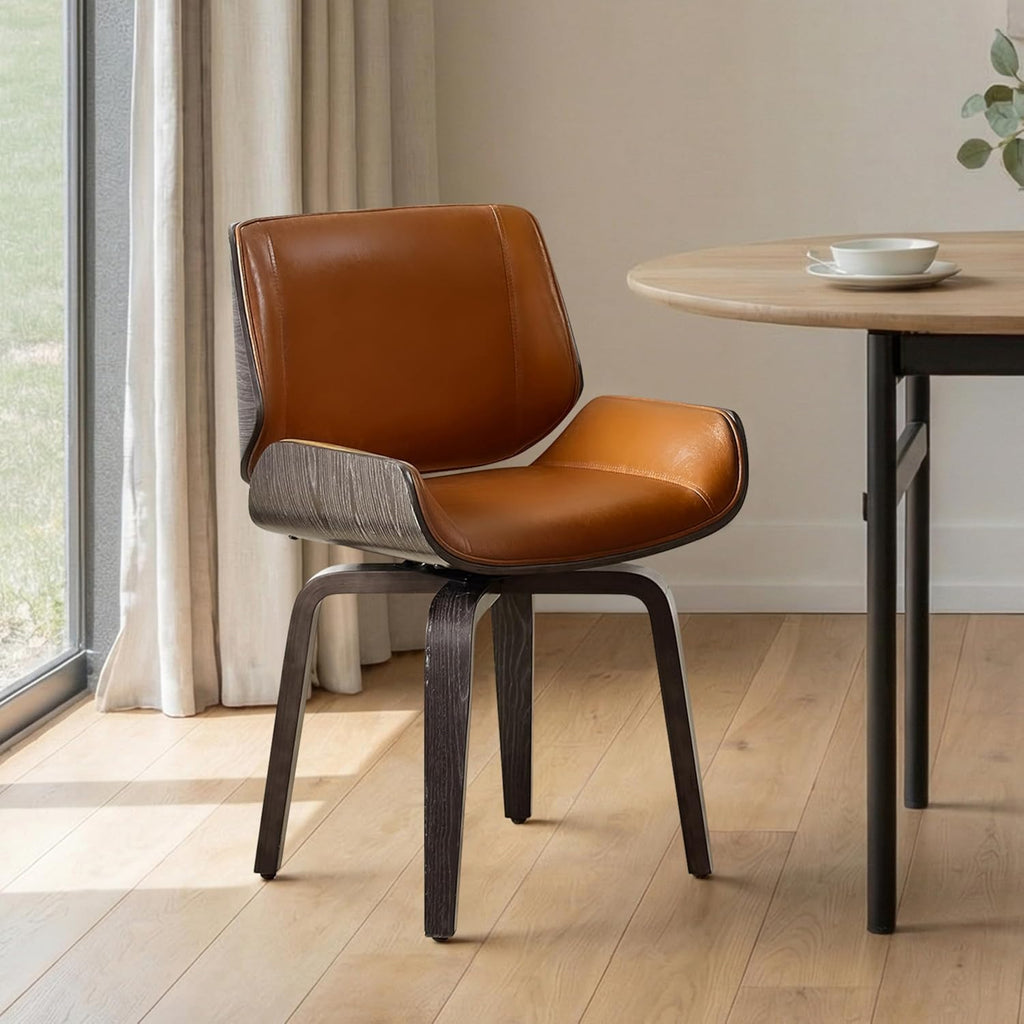 Zouron Swivel Dining Chairs, Mid Century Modern Desk Chairs Retro Faux Leather Chair with Wooden Legs, Kitchen Dining Room Chair with Upholstered Seat, 1 Pcs, Orange Brown