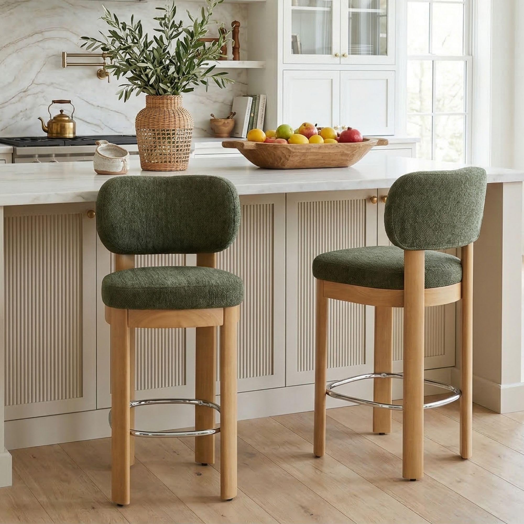 HNY Brown Leather Bar Stools Set of 2, Modern Upholstered Counter Height Bar Stools, Farmhouse Armless Bar Chairs with Solid Wood Legs & Padded Back for Kitchen Island/Dining Room Bar - 26 Inches