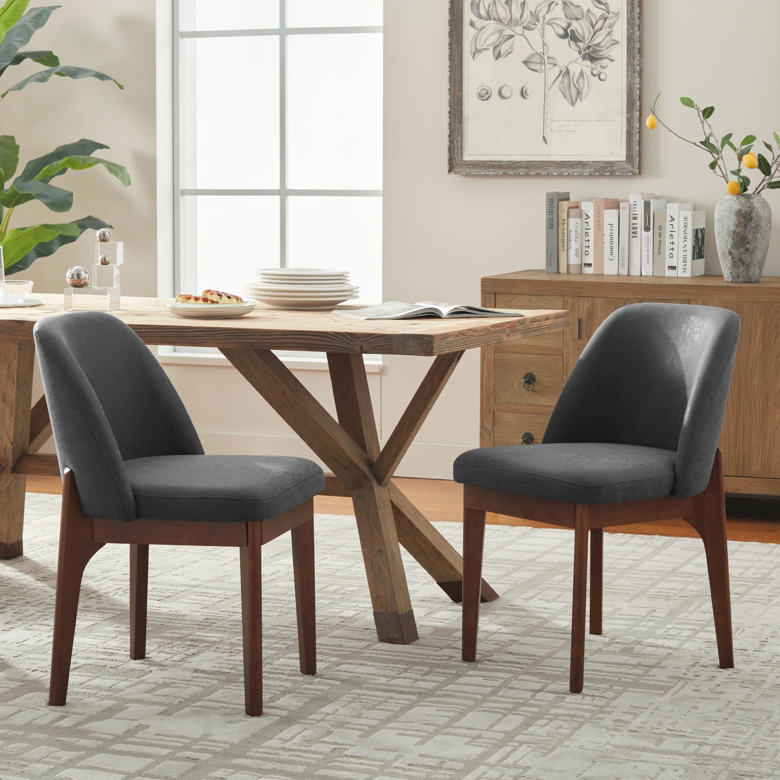 VKNOW Modern Dining Chairs Set of 2, Faux Leather Kitchen Chairs with Wood Legs, Upholstered Side Chair for Kitchen Dining Room, Beige