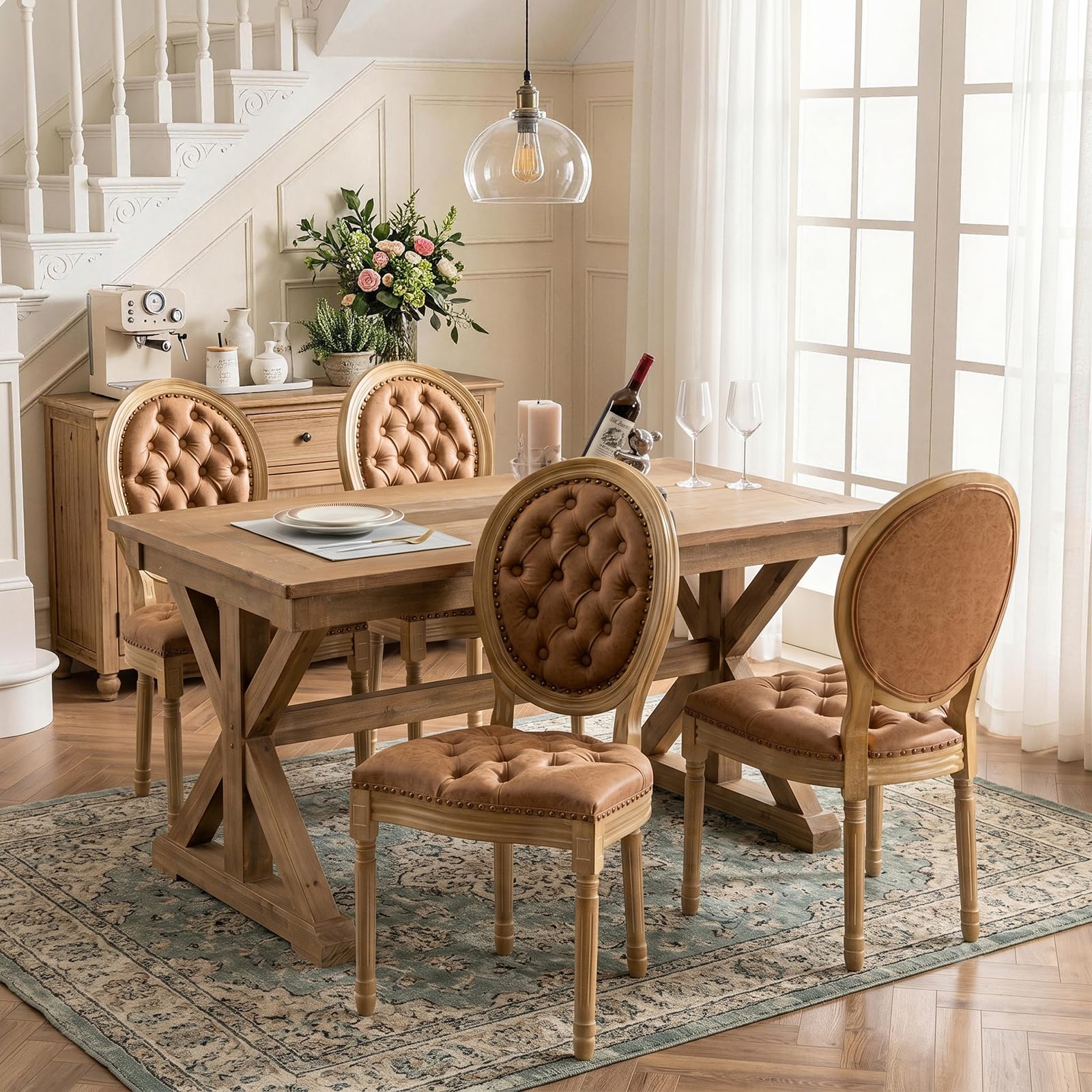 SoarFlash French Dining Chairs Set of 2, Vantage Dining Chair with Round Back, Wood Leg Farmhouse Country Rattan Dining Chair for Kitchen,Bedroom,Beige