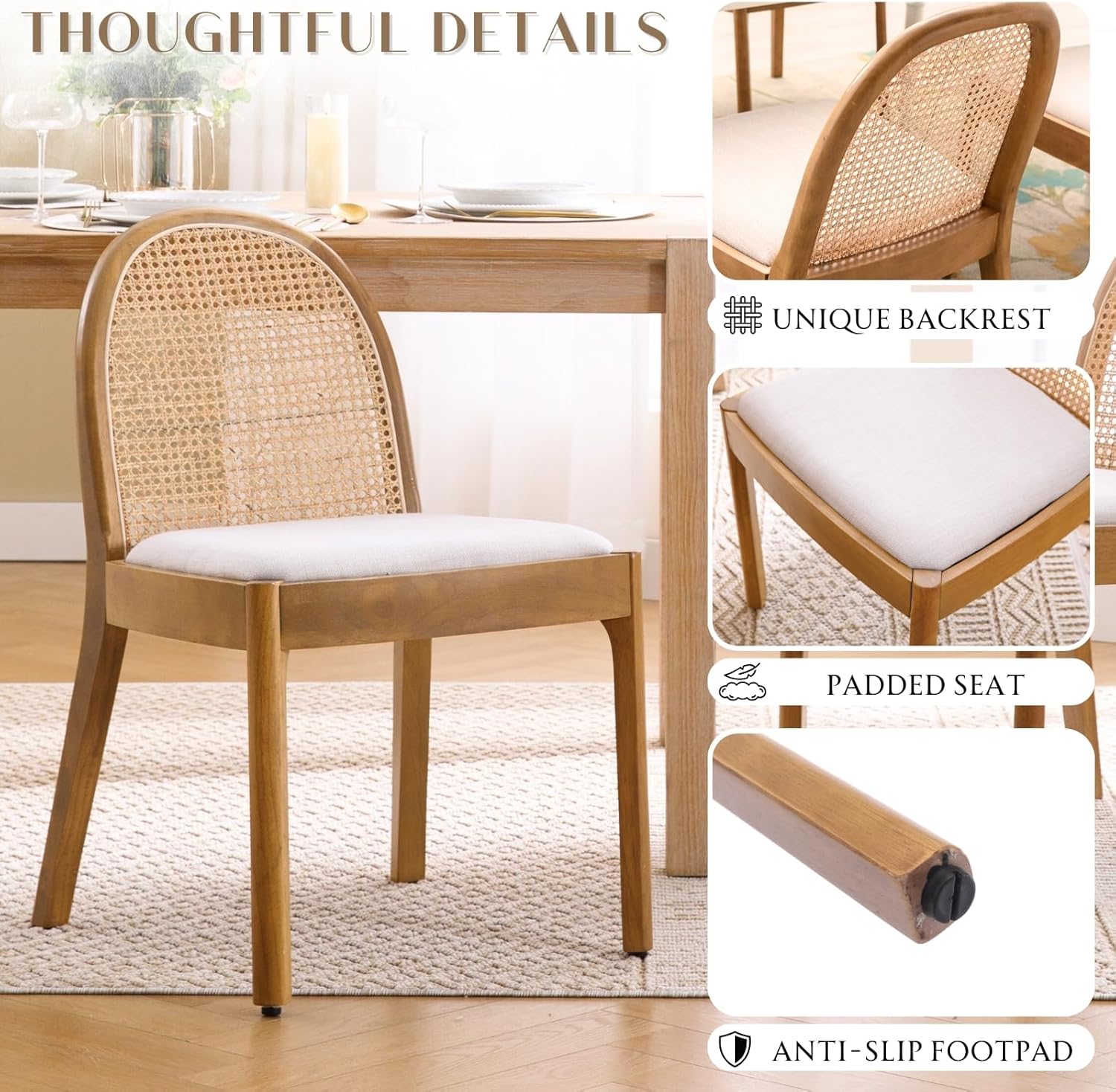 HEAH-YO Rattan Dining Chairs Set of 2, Upholstered Linen Dining Room Chairs with Backrests, Modern Kitchen Chairs with Wood Legs for Dining Room, Beige