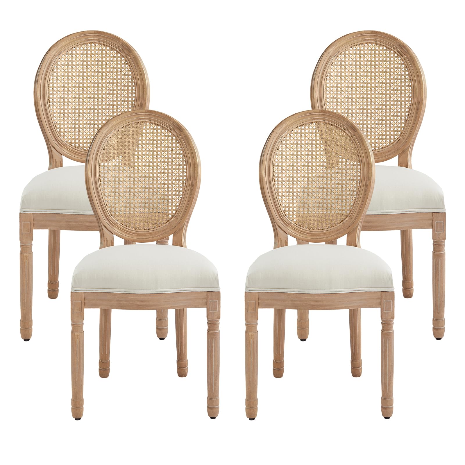 Nrizc French Country Dining Chairs Set of 4, Farmhouse Fabric Chairs with Round Back, Rattan Dining Chair, Oval Side Chairs for Dining Room/Living Room/Kitchen/Restaurant