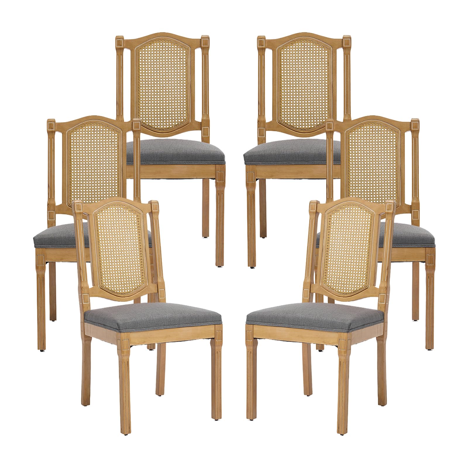 Vintage French Rattan Dining Chairs Set of 6, Square Back Side Chairs with Rattan Backrest, Upholstered Linen Seat and Solid Wood Frame, Sillas de Comedor for Dining Room & Kitchen, Dark Gray