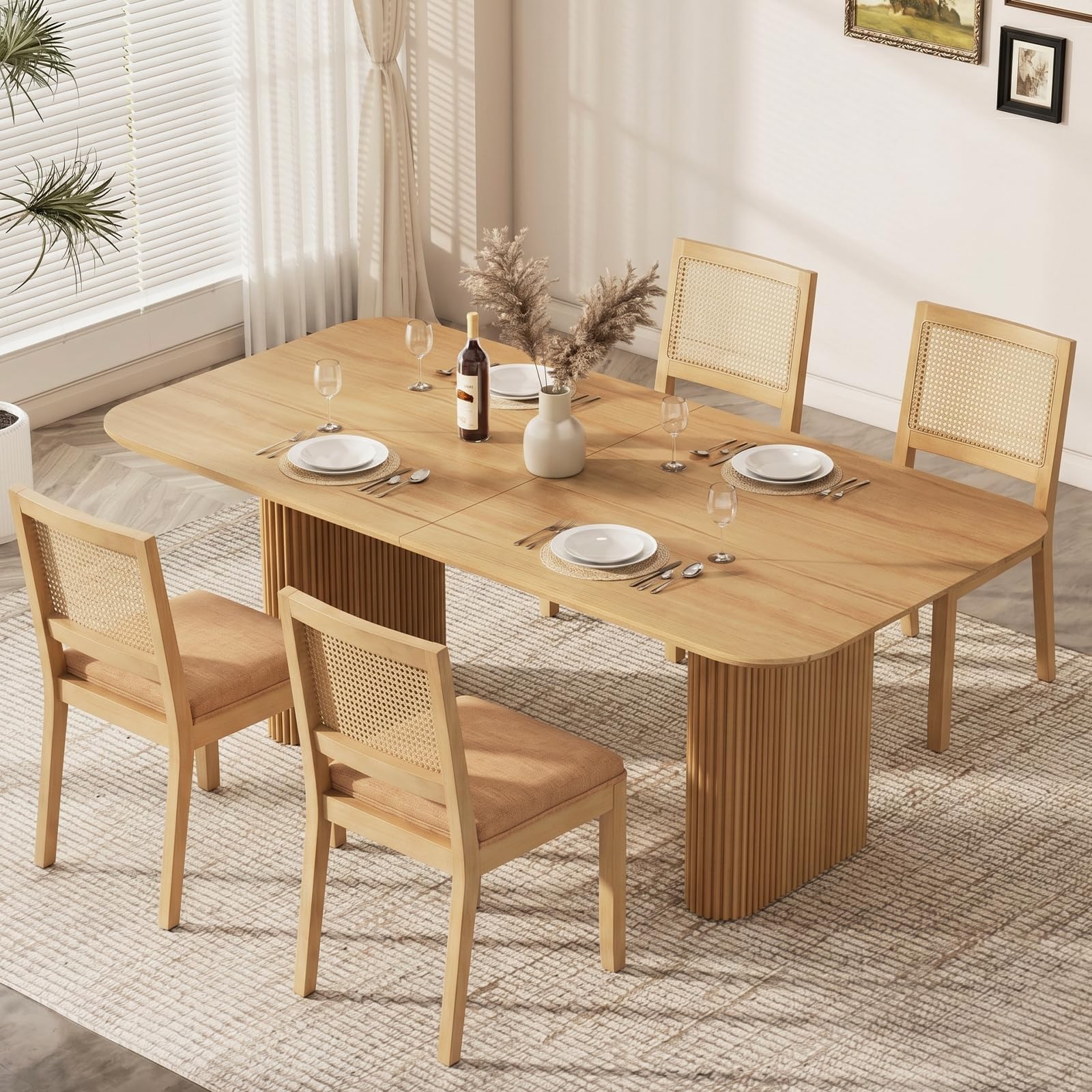 Rattan Back Upholstered Dining Chairs Set of 4 French Country Oval Kitchen Side Chairs with Wood Legs for Dining Room, Kitchen, Restaurant(Beige-Rattan)