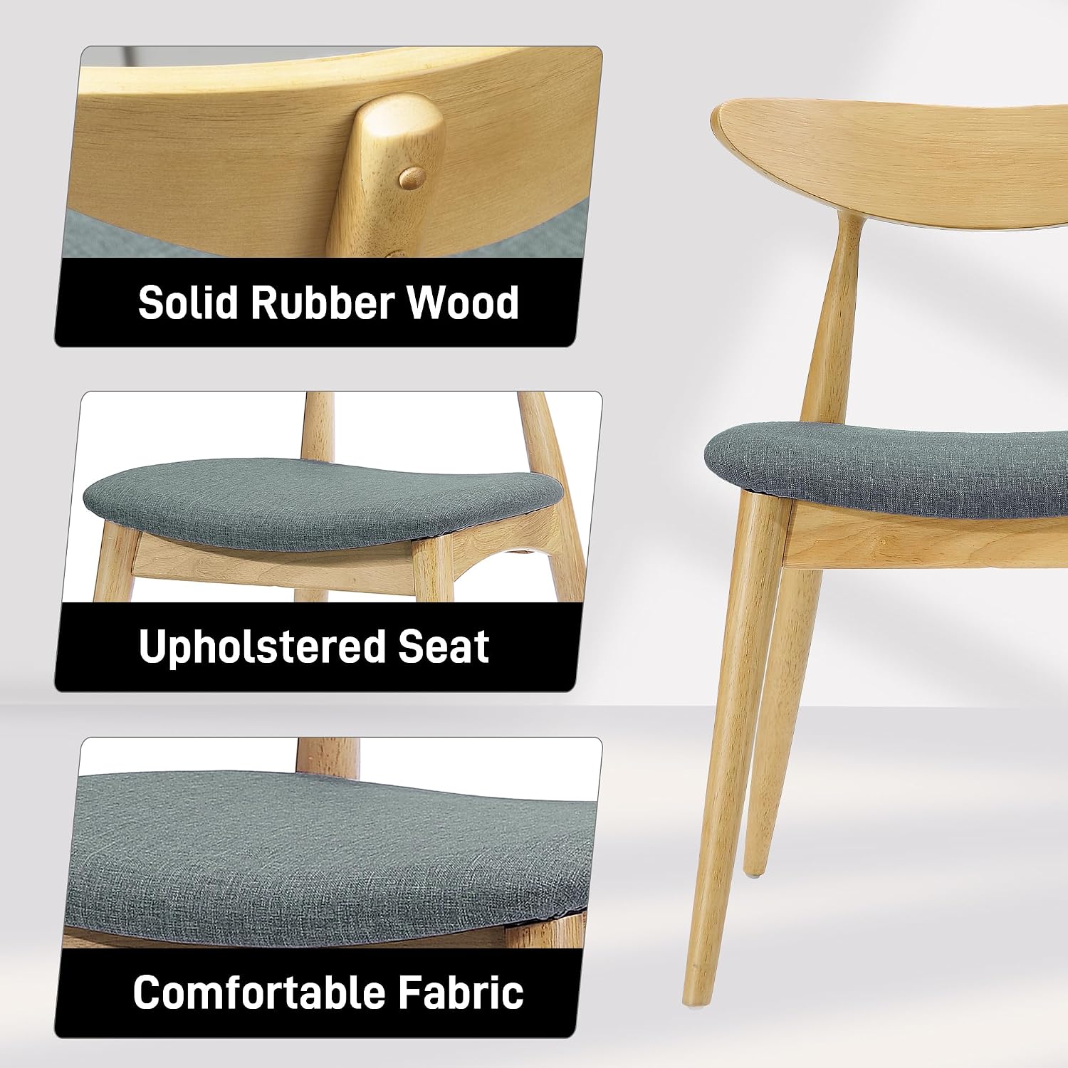 22" Retro Upholstered Dining Chair, Ergonomic Back, Natural & Grey