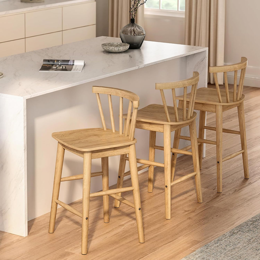 Modern Bar Stools Set of 2, 24" Wooden Counter Height Barstools, Modern Armless Farmhouse Bar Dining Chairs with Back & Footrest for Kitchen Island Pub, Natural Oak
