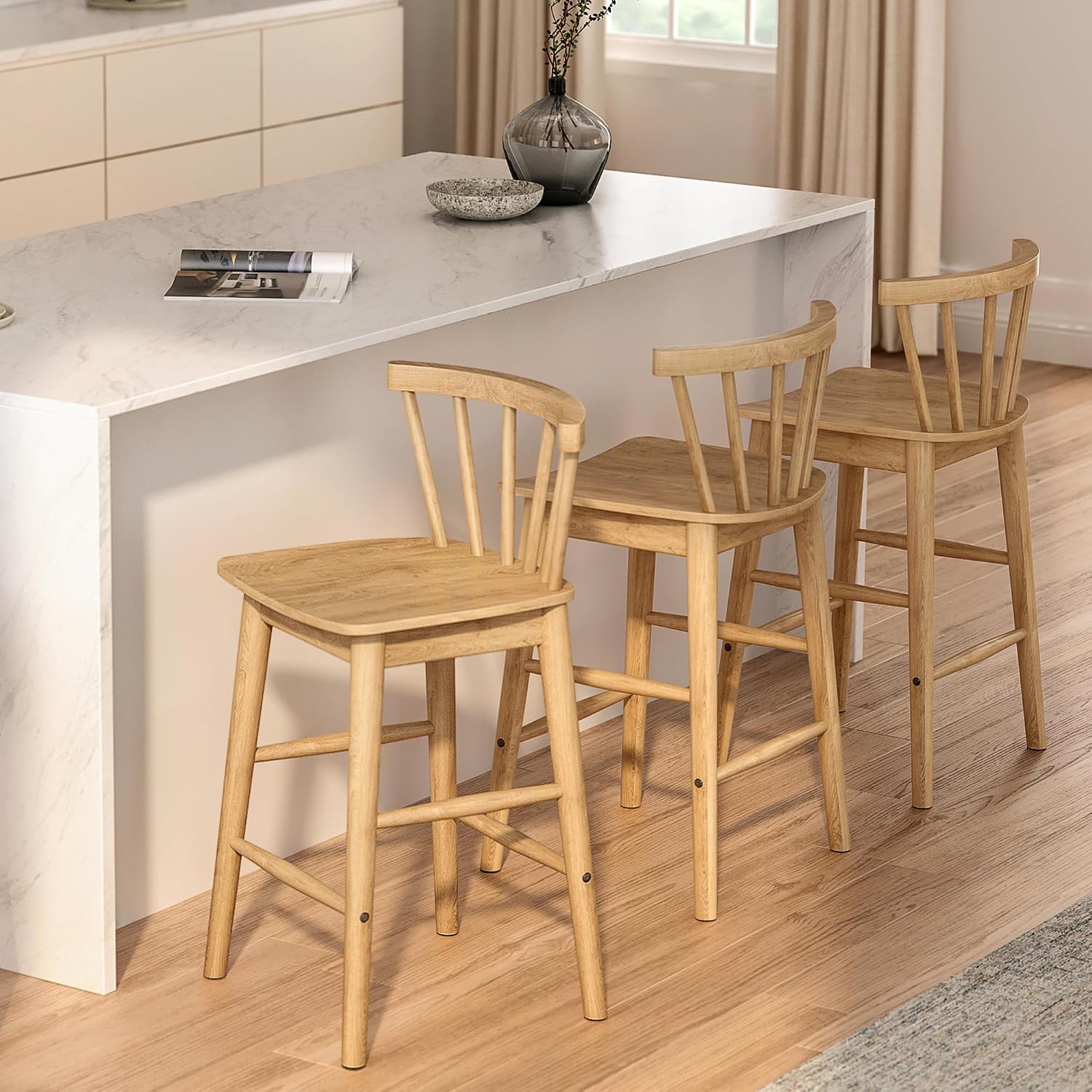Modern Bar Stools Set of 2, 24" Wooden Counter Height Barstools, Modern Armless Farmhouse Bar Dining Chairs with Back & Footrest for Kitchen Island Pub, Natural Oak