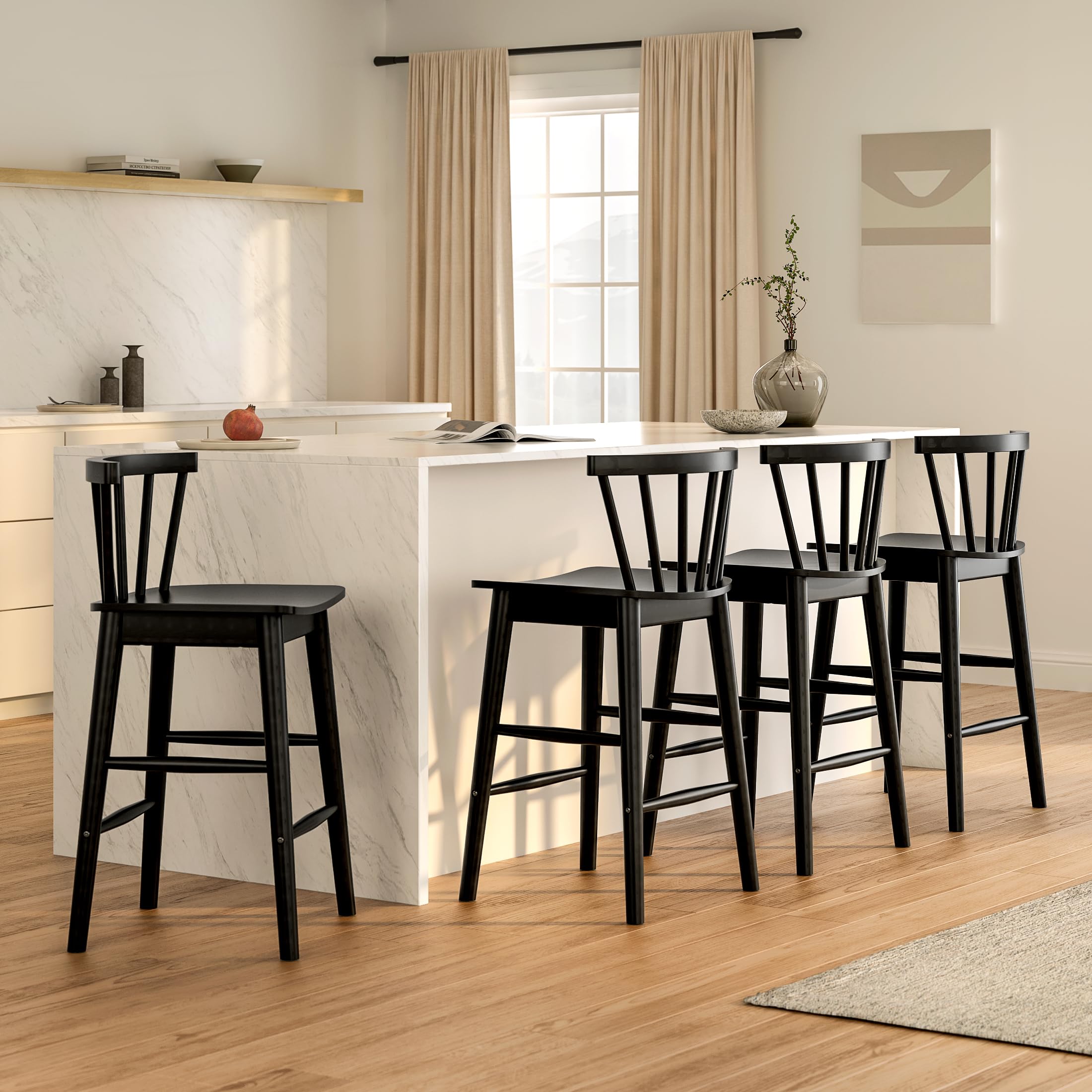 EYYTHUNG Wood Bar Stools Set of 3, Farmhouse 24" Barstool Counter Stools with Curved Back Counter Chairs for Kitchen Islands Dining Room, Natural Oak