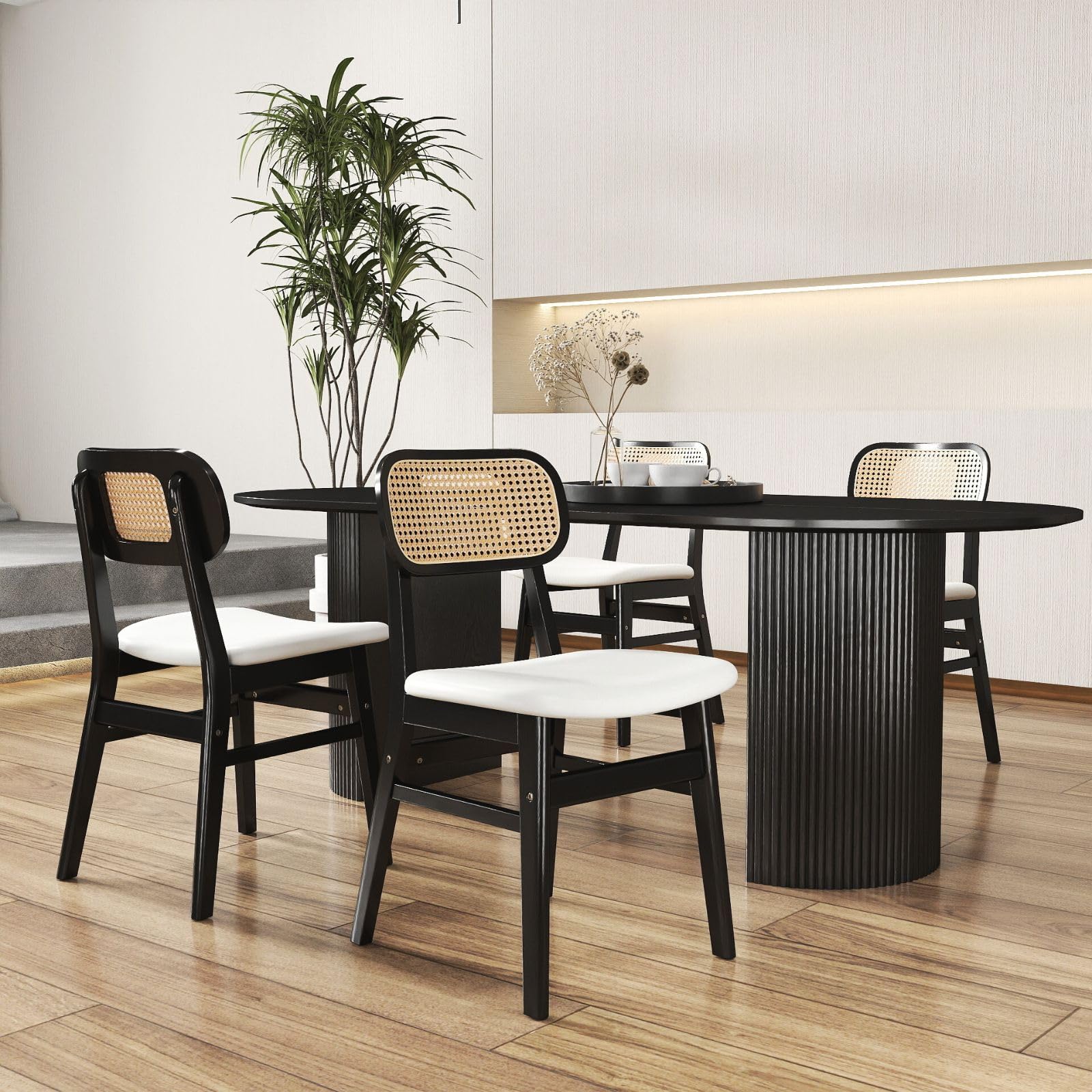 ROCITY Rattan Dining Chairs Set of 2 White Faux Leather Dining Room Chairs Natural Wooden Kitchen Chairs Farmhouse Side Chairs