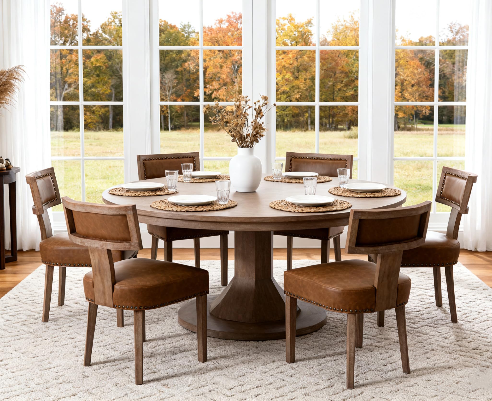 RIVOVA Rattan Dining Chairs Set of 4, Mid Century Modern Dining Chair Upholstered Linen Fabric Kitchen Side Chair, Modern Kitchen Armless Solid Wood Dining Chairs, Beige
