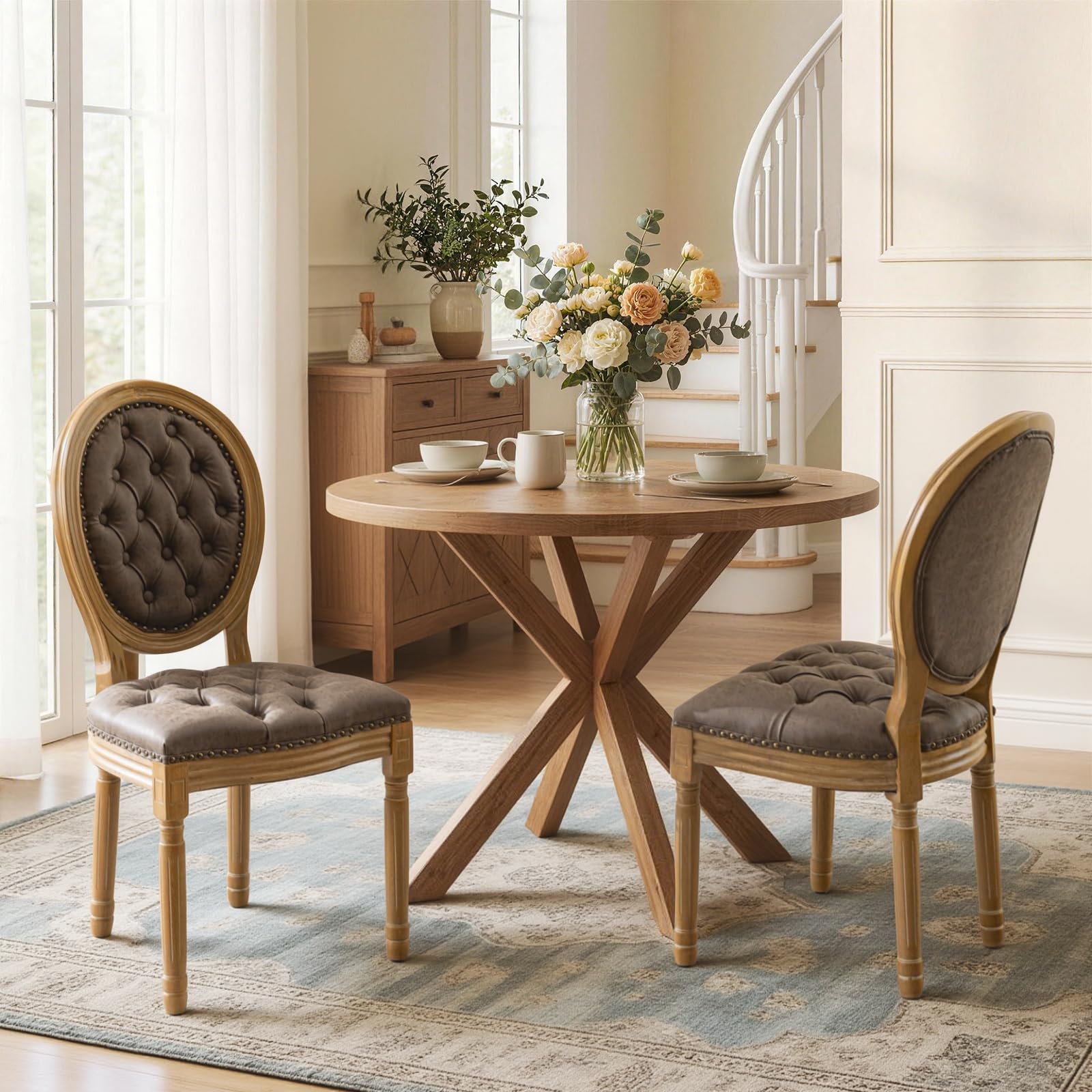SoarFlash French Dining Chairs Set of 2, Vantage Dining Chair with Round Back, Wood Leg Farmhouse Country Rattan Dining Chair for Kitchen,Bedroom,Beige