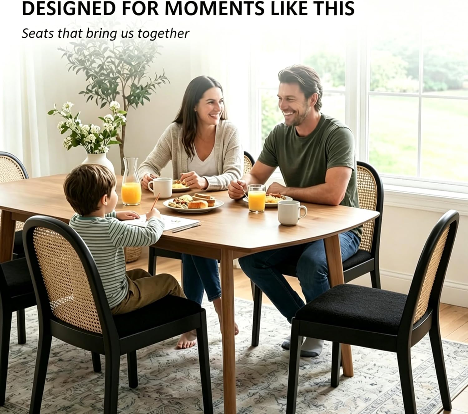 Ya-Home Mid Century Dining Chairs Set of 2, Accent Rattan Sherpa Fabric Side Chairs Kitchen Chair with Solid Wooden Legs for Living Room Dining Room, Black