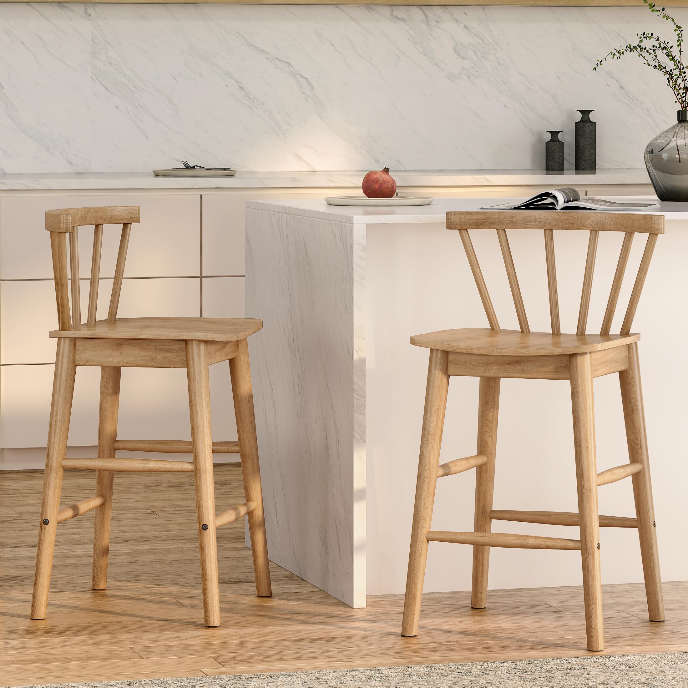 EYYTHUNG Wood Bar Stools Set of 3, Farmhouse 24" Barstool Counter Stools with Curved Back Counter Chairs for Kitchen Islands Dining Room, Natural Oak