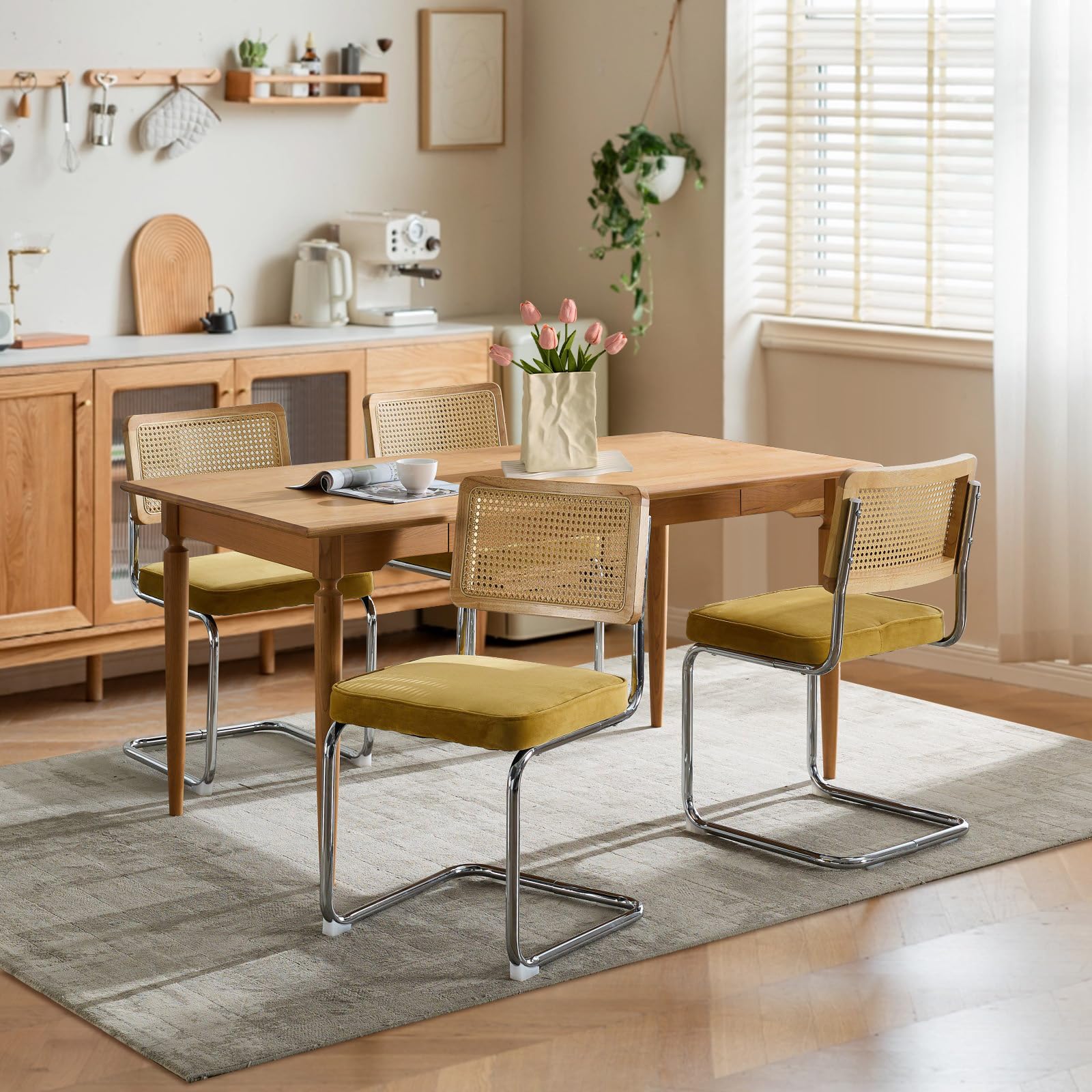 Rattan Dining Chairs Set of 4,Upholstered Mid-Century Modern Dining Room Chairs with Cane Backrest,Retro Velvet Kitchen Chairs with Stainless Chrome Base,Green