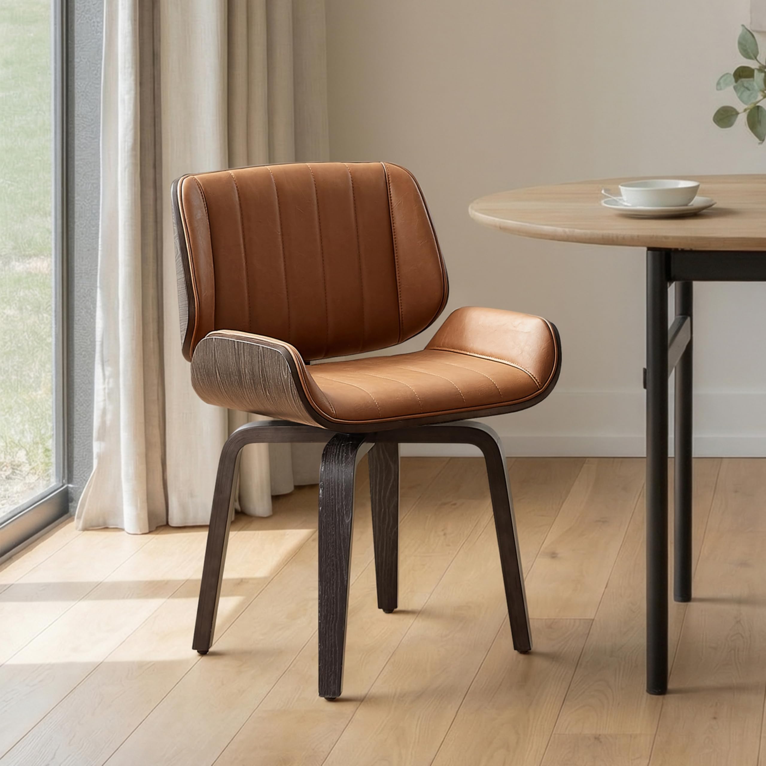 Zouron Swivel Dining Chairs, Mid Century Modern Desk Chairs Retro Faux Leather Chair with Wooden Legs, Kitchen Dining Room Chair with Upholstered Seat, 1 Pcs, Orange Brown