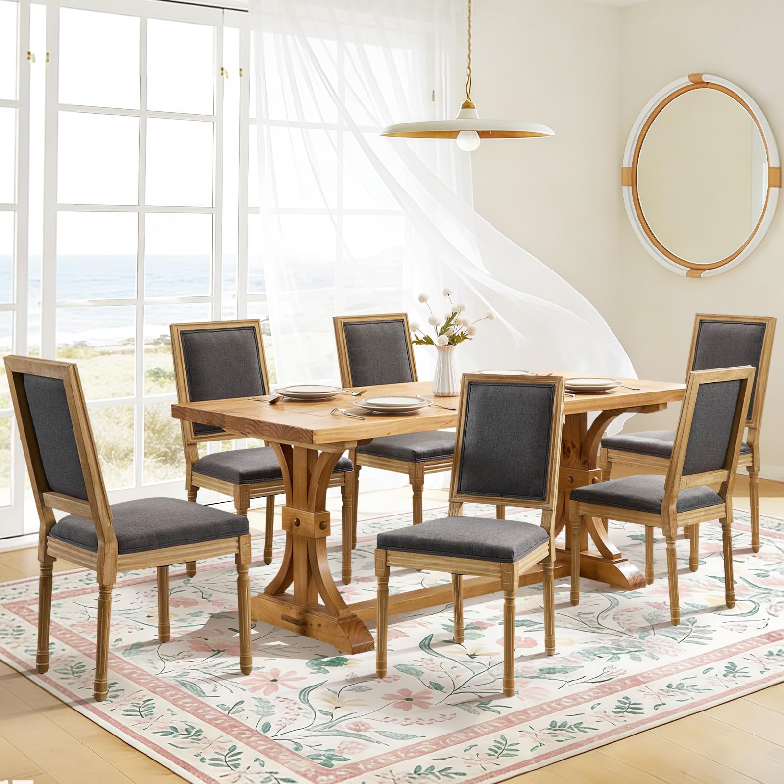 Rattan Back Upholstered Dining Chairs Set of 4 French Country Oval Kitchen Side Chairs with Wood Legs for Dining Room, Kitchen, Restaurant(Beige-Rattan)