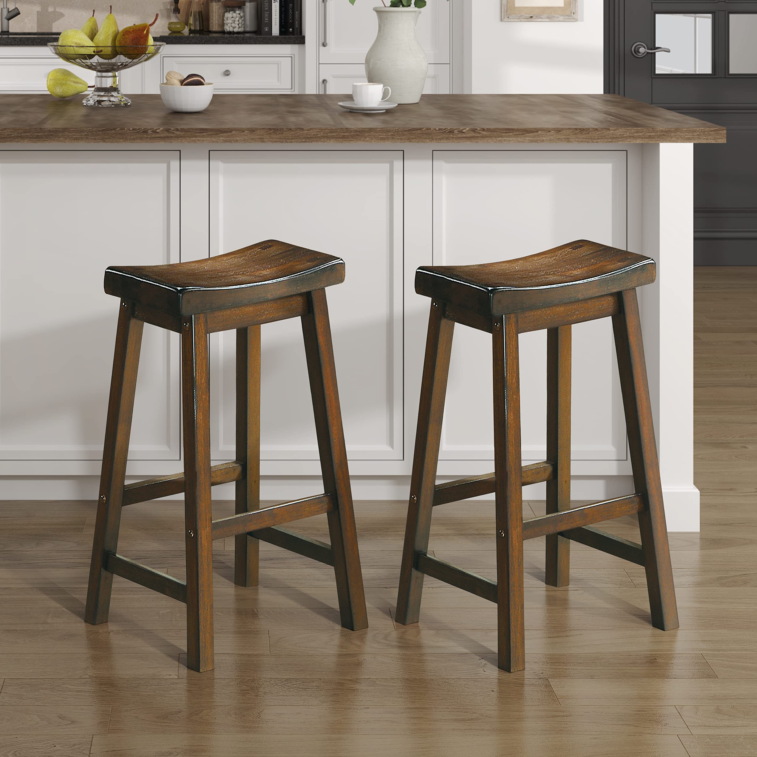 Lexicon Finnian Saddle Solid Wood Stool Set of 2 - Saddle Kitchen Stool Dining Height Stools for Dining, Armless Counter Chair Seating, Perfect Casual - 17.5" SH Oak