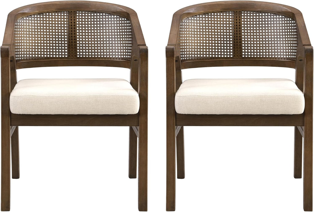 Christopher Knight Home Faritel Modern Wooden Dining Chairs Set of 2, Fabric Upholstered Kitchen Side Armchairs, Living Room Comfy Reading Chair with Curved Rattan Back, Walnut+Beige